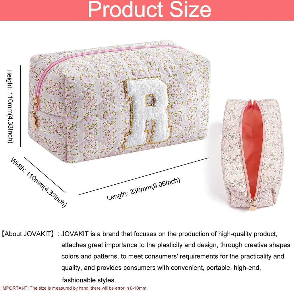 JOVAKIT Alphabet Makeup Bag Cosmetic Bag for Women, Christmas Gifts for Girls Age 6-18, Floral Flowers Coquette Travel Toiletry Zipper Make Up Pouch Organizer Trendy Stuff (Pink Floral R)