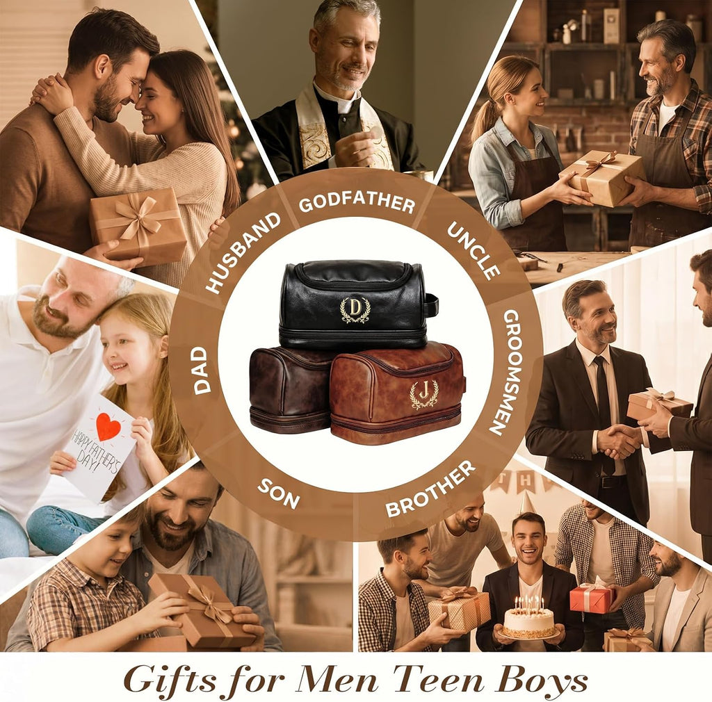Personalized Leather Toiletry Bag for Men, Gifts for Men, Custom Mens Toiletries Travel Kit, Customize Shaving Bags, Men's Gift Ideas for Anniversary, Birthday, Dad, Grandpa, Lover(DB-F)