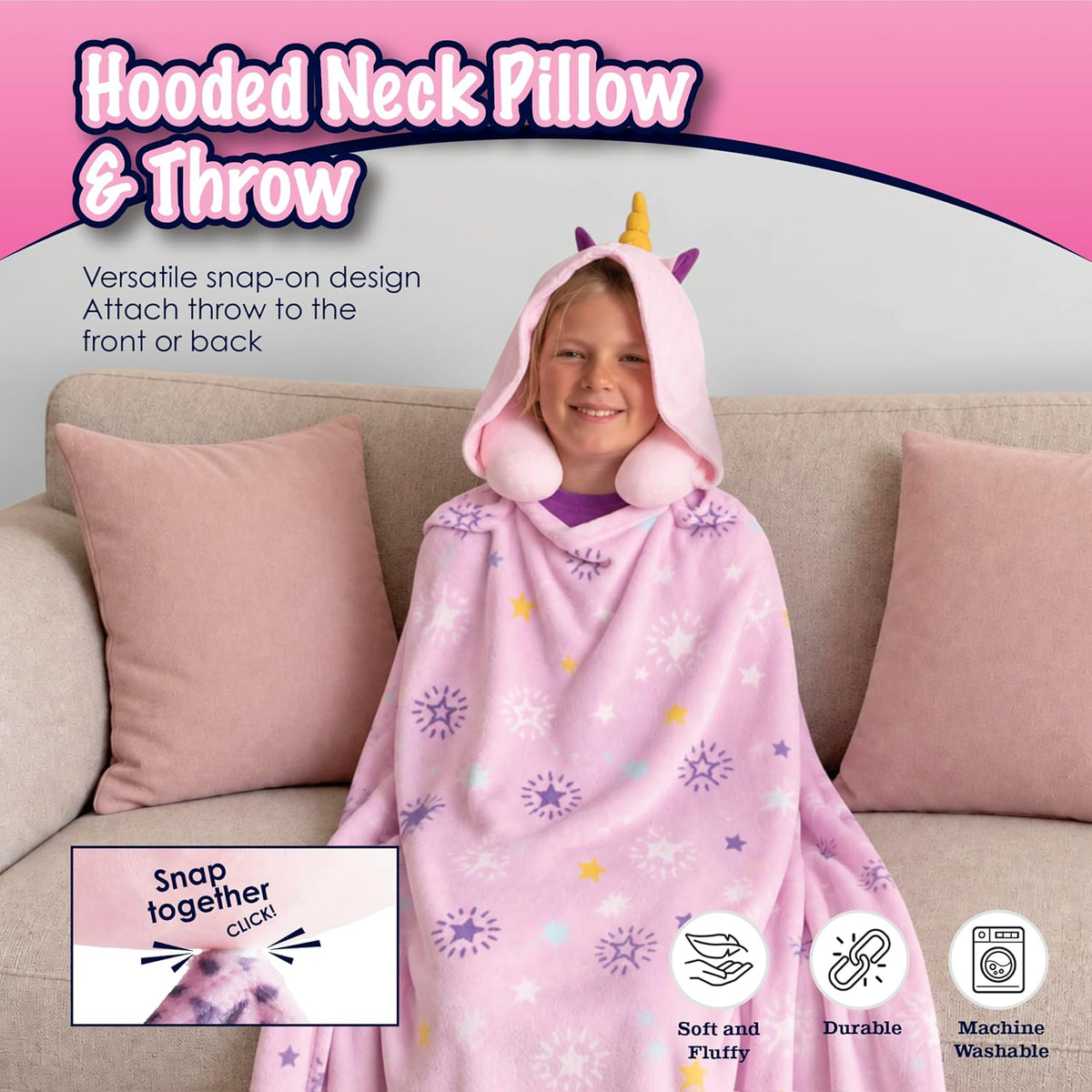 B Kids 3D Animal Hooded Neck Pillow & Throw Set, Pink