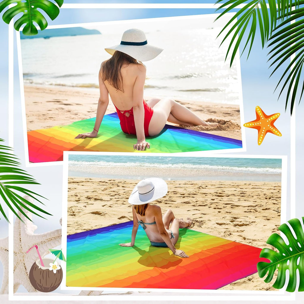 HunnmingRe 83"x 79" Rainbow Beach Blanket Large Waterproof Sandproof Beach Mat with Stakes & Pockets for 1-5 Adults, Quick Drying Outdoor Polyester Picnic Mat Accessories for Travel, Camping
