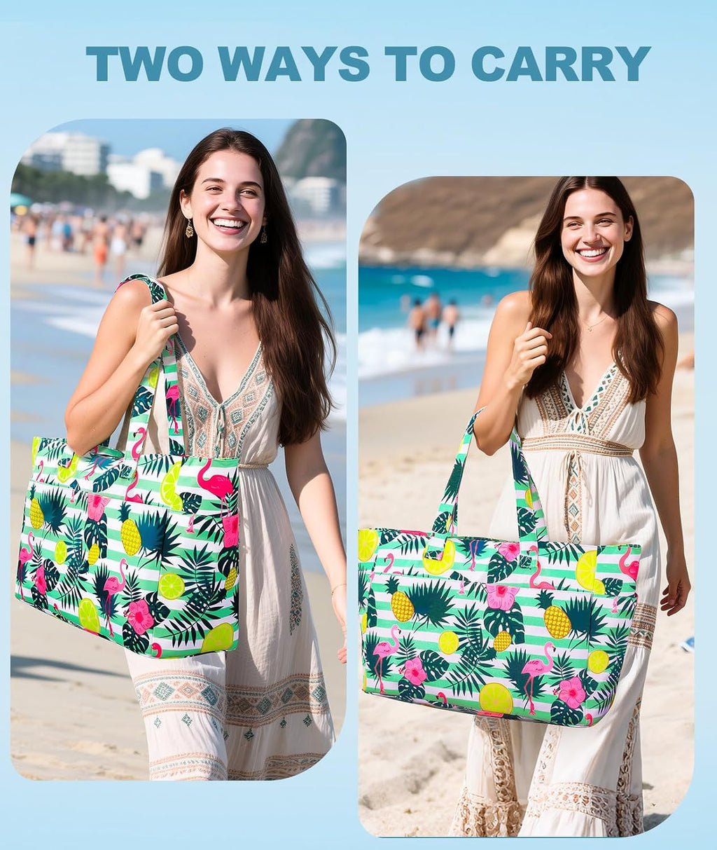 ISEYOU Extra Large Beach Bag Waterproof Beach Totes Bags for Women, Lightweight Foldable Pool Bag with Zipper Wet Compartment