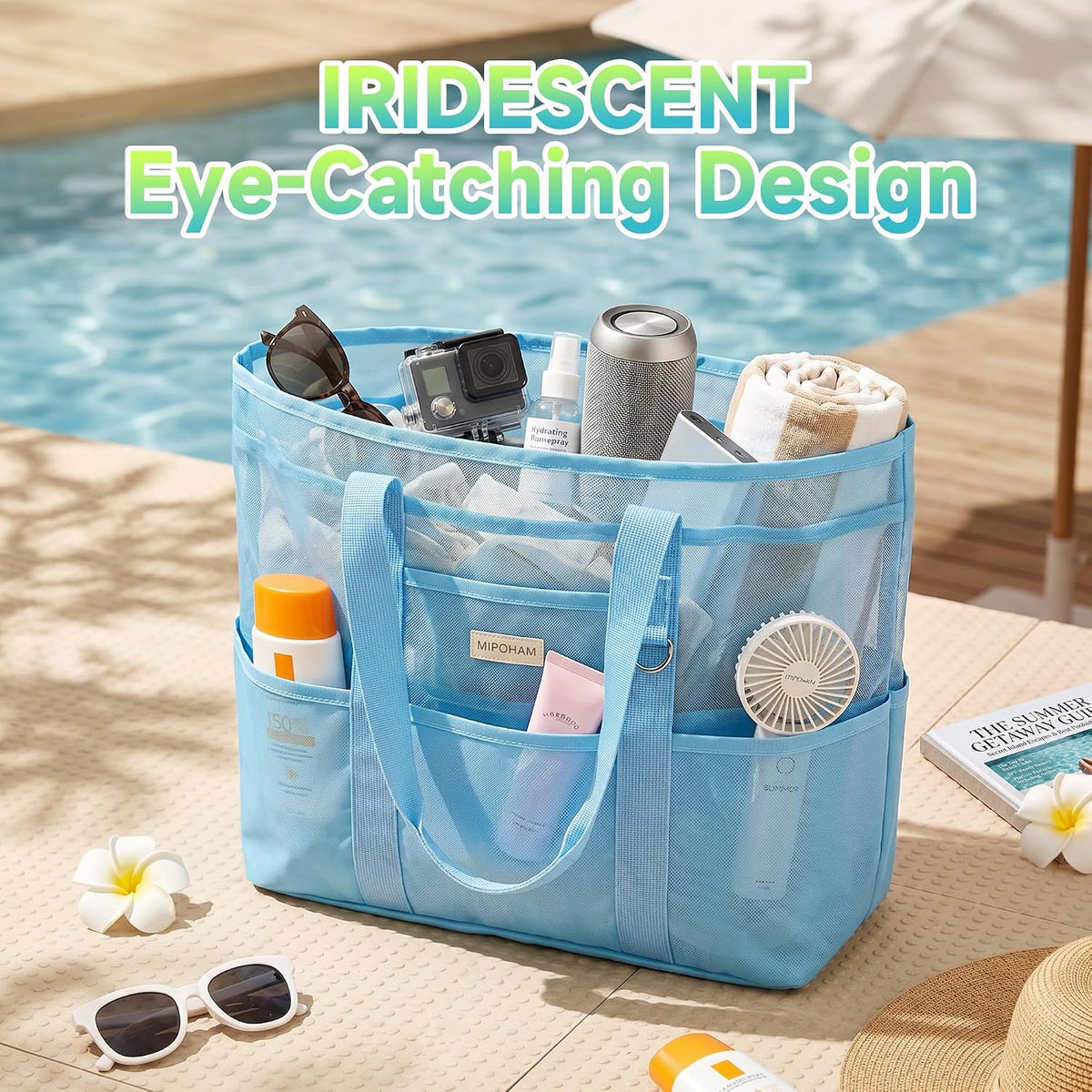 Iridescent Mesh Beach Bag with Zipper, 14 Pockets Large Beach Tote Bag