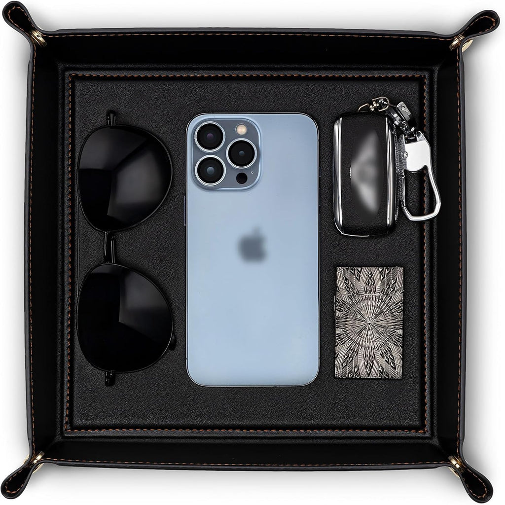 VLANDO Valet Tray, Foldable PU Leather Catchall Tray, Black