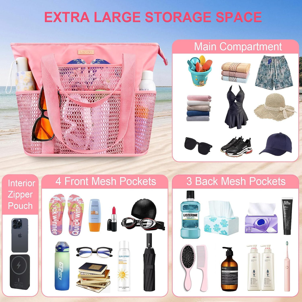Lacdo Beach Bag for Women, Beach Tote Bag for Women, Waterproof Sandproof Foldable Pool Bag for Beach Vacation Pool Travel
