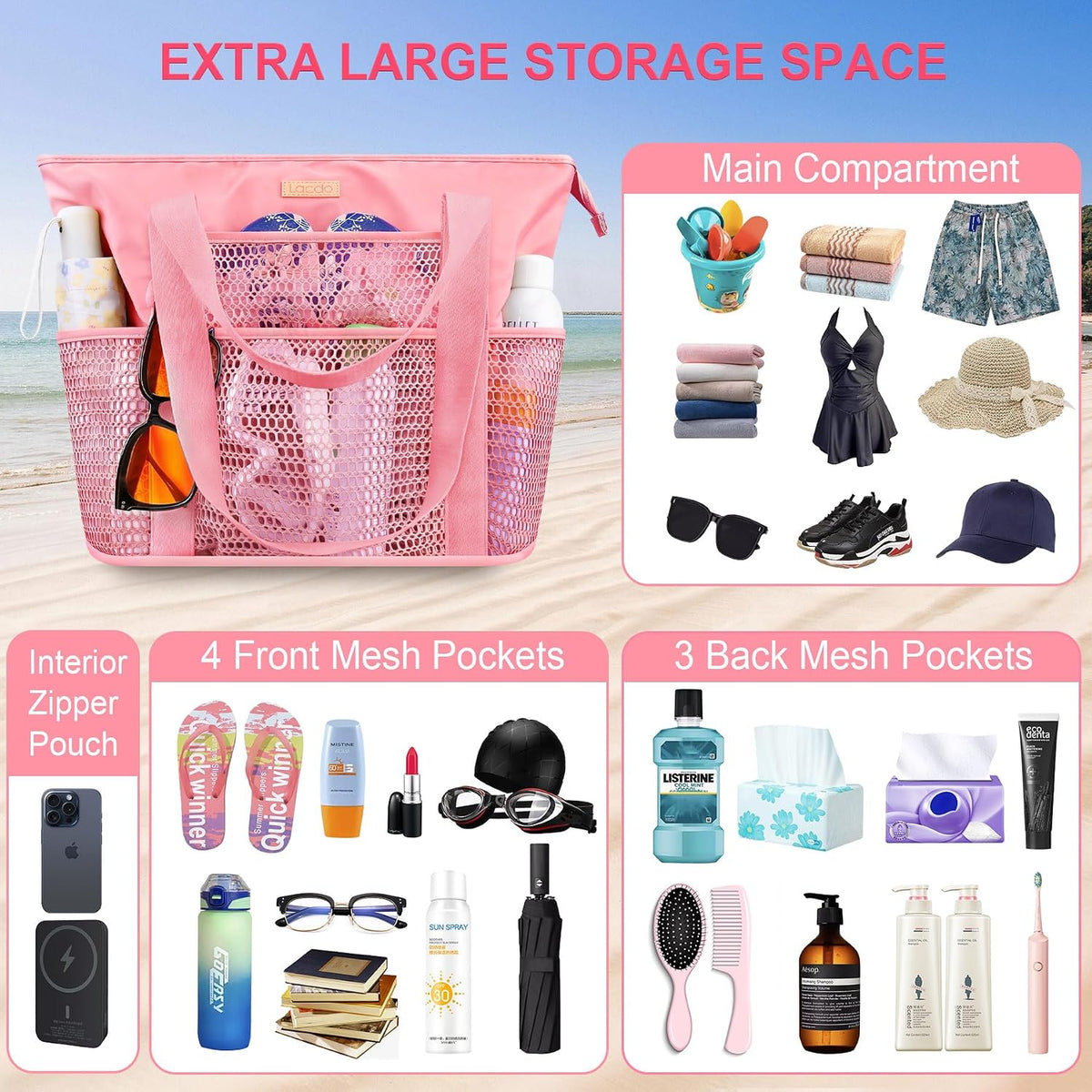 Lacdo Beach Bag for Women, Beach Tote Bag for Women, Waterproof Sandproof Foldable Pool Bag for Beach Vacation Pool Travel