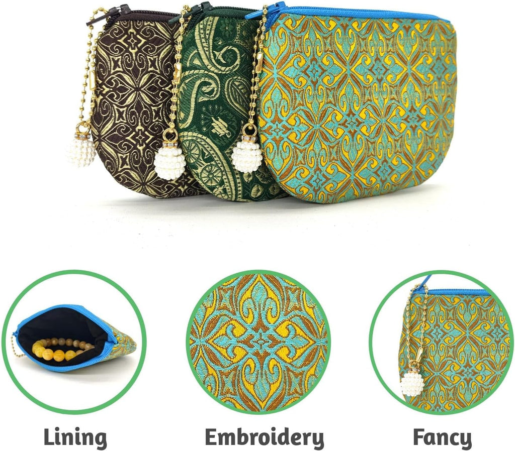 Handmade Rosary Pouch Women Coin Purse Silk Jewelry Bag Brocade Zipper Wallet - Yellow Aquamarine
