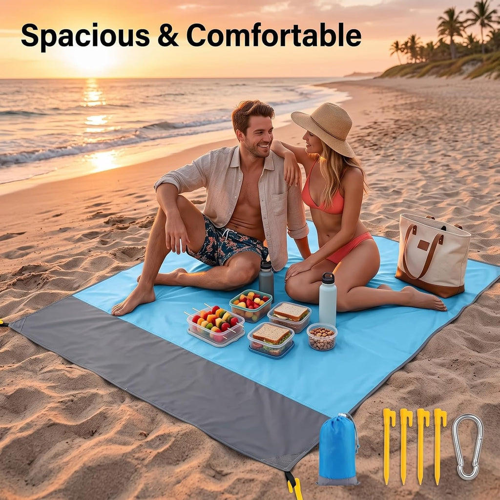 4-Piece Blue-Gray Color-Block Beach Blanket Waterproof Sandproof Set, Ripstop Polyester Mat with Stakes Carabiner, Lightweight Portable Outdoor Picnic Mat, Windproof Camping Essentials