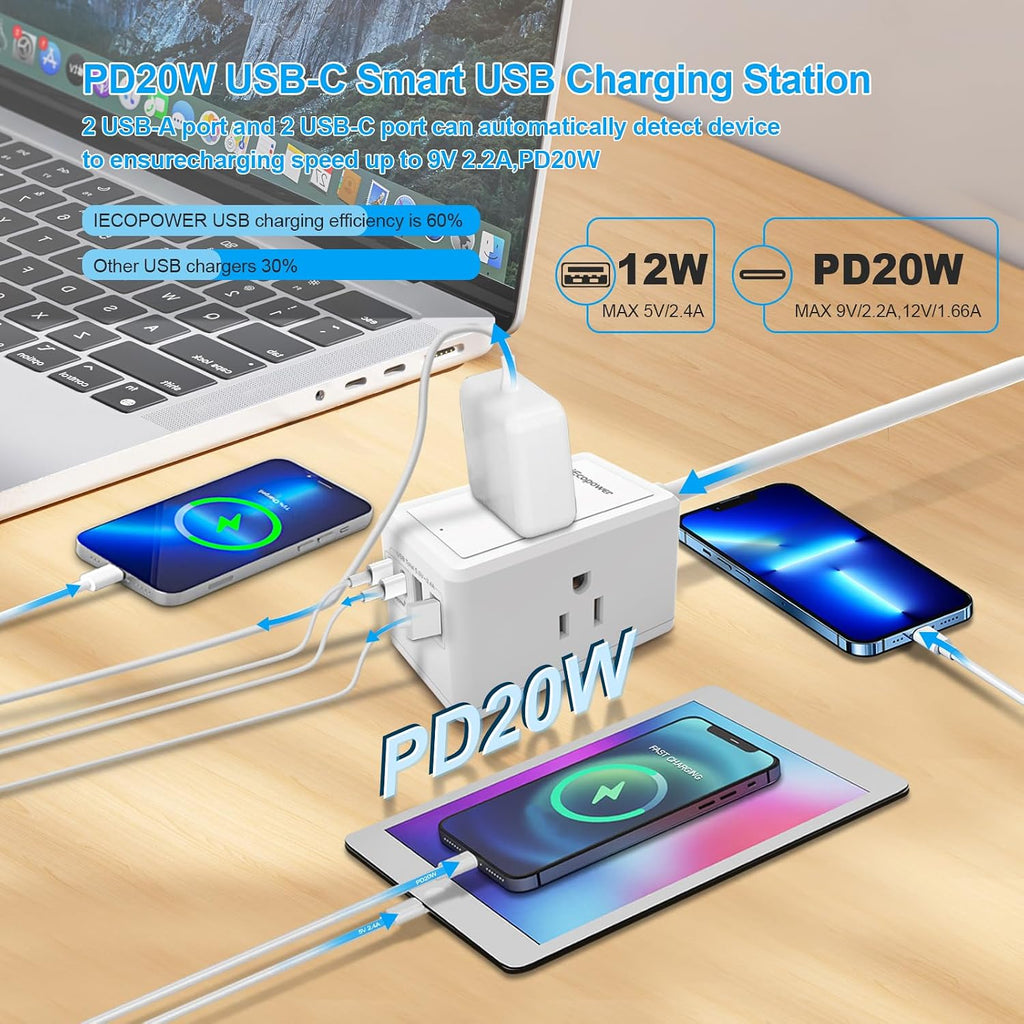 Power Strip with 15 ft Cord-3 Widely Spaced Outlets 4 USB Ports(2 USB C Port,PD20W Fast Charging),Power Strip Long Cord(1250W/10A),Extension Cord 15 ft,White(2 Pack)