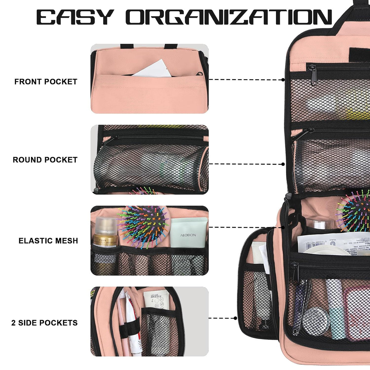 Goloni Hanging Toiletry Bag for Men Women, Water-Resistant Organizer,Pink