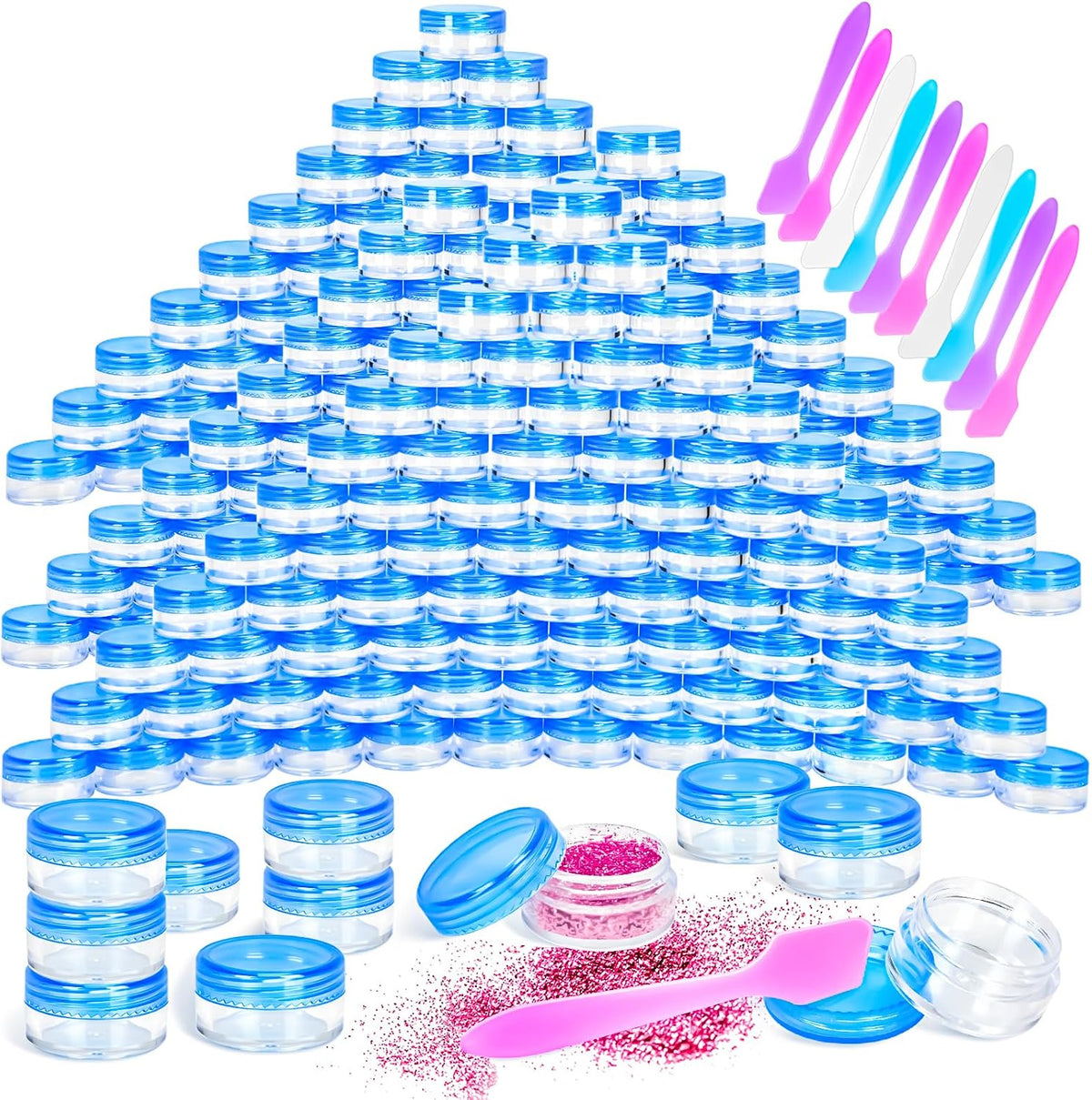 100 Pcs 5g Empty Plastic Containers with Blue Lids,Mini Makeup Sample Containers, Small Sample Pot Jars Round Cosmetic Jars with Mini Spatulas for Liquid Sample Powder Creams Lotions