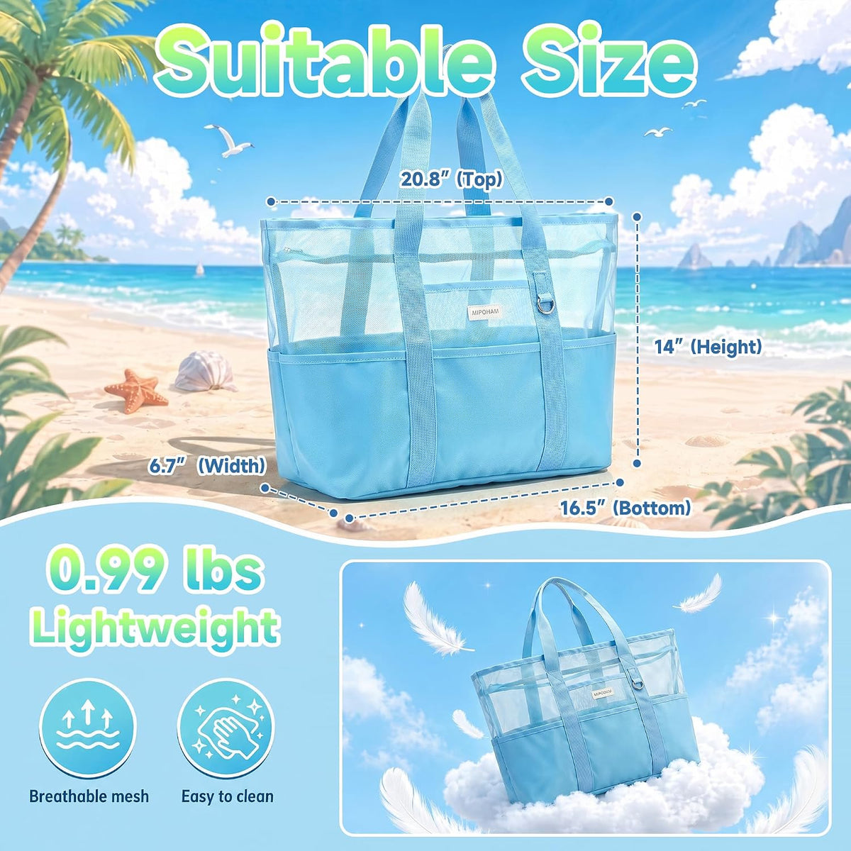 Iridescent Mesh Beach Bag with Zipper, 14 Pockets Large Beach Tote Bag