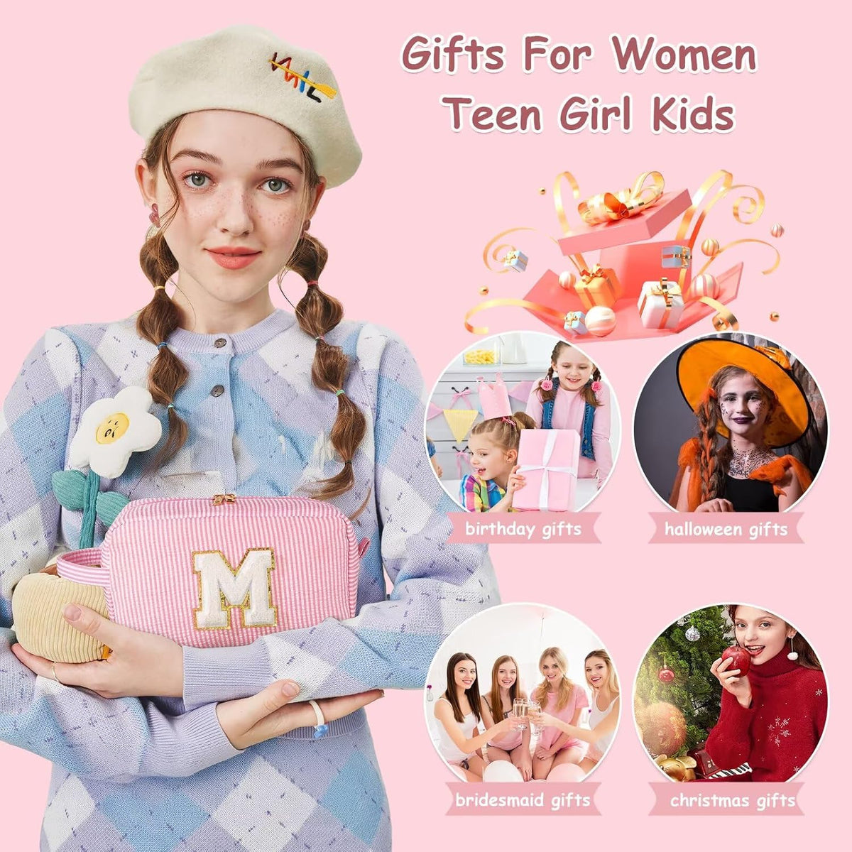 YOOLIFE Birthday Gifts for 6 7 8 9 10 11 12 13 14 15 Year Old Teen Girl - Initial Makeup Bag Letter Toiletry Pouch Cosmetic Case, Personalized Teen Girl Gifts Trendy Stuff Party Favor, Pink R