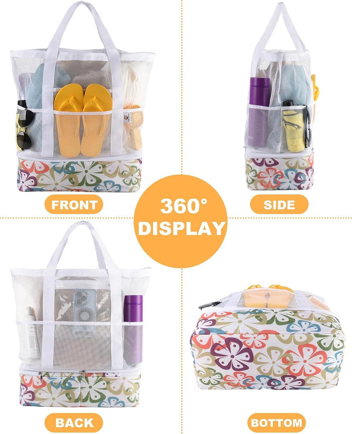 CaCTOUR Beach Bag with Cooler Compartment,Mesh Beach Bag Dry Wet Detachable with Zipper Pockets,Waterproof Sandproof Pool Bag