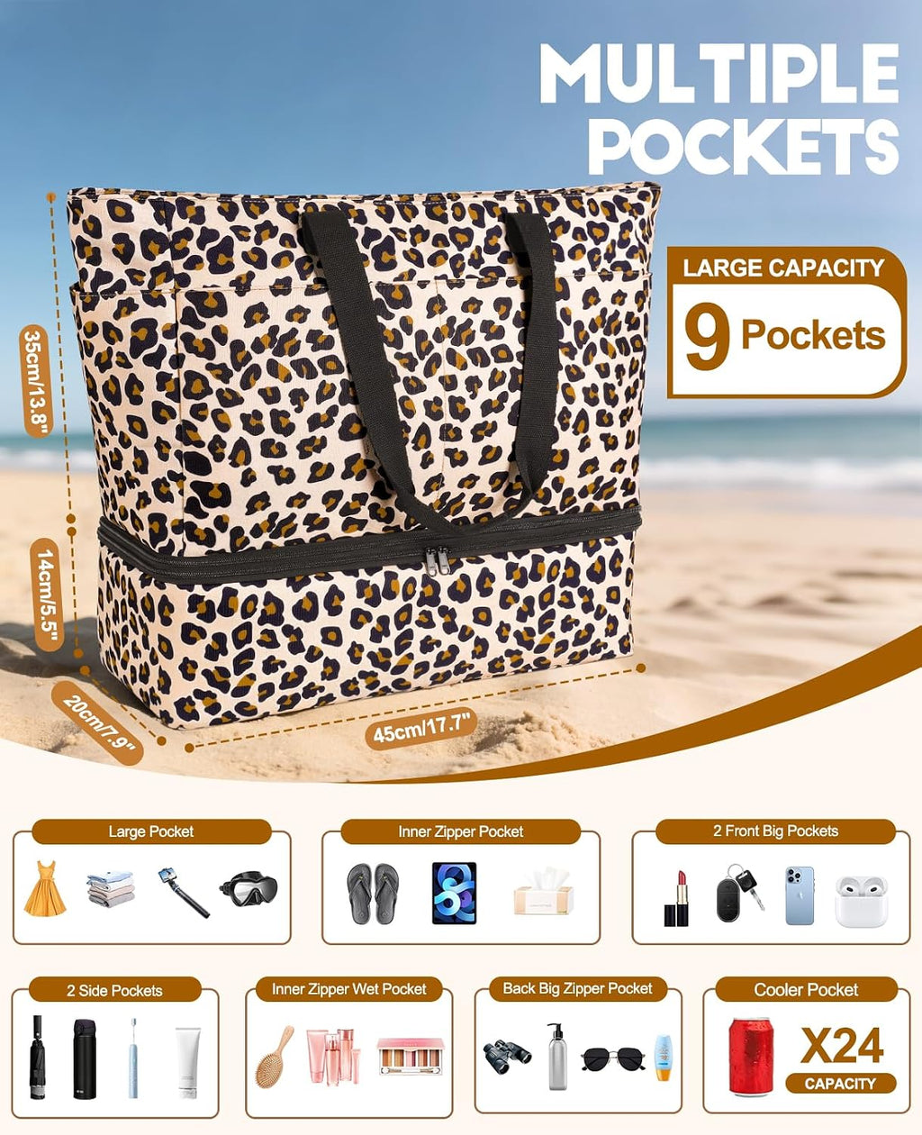 ISEYOU Beach Bag with Cooler, 49L Large Waterproof Sandproof Tote with Zipper, Foldable Travel Bag for Beach, Pool, Picnic