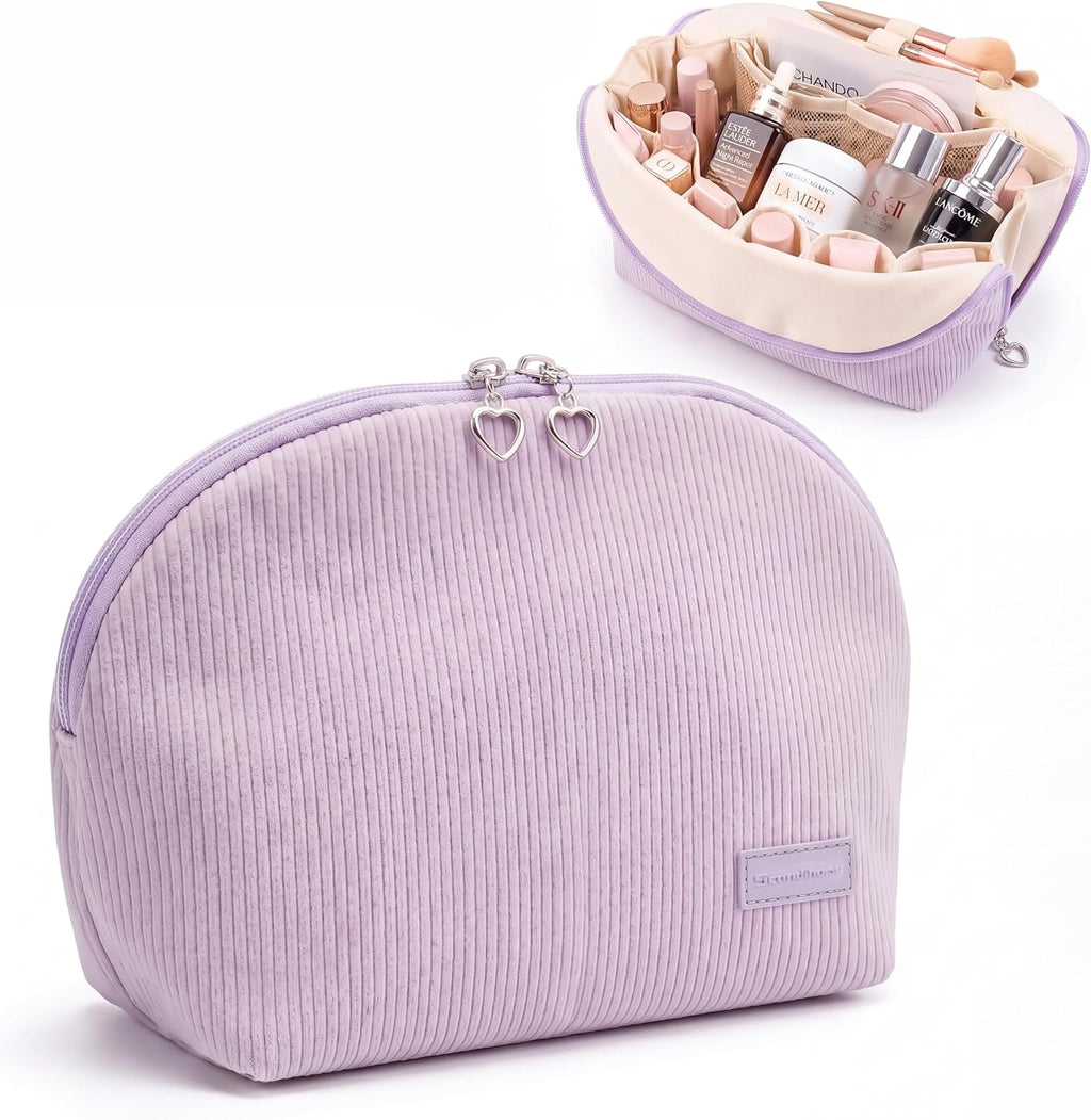 Travel Makeup Bag for Women, Magnetic Fold-Down Design, Purple