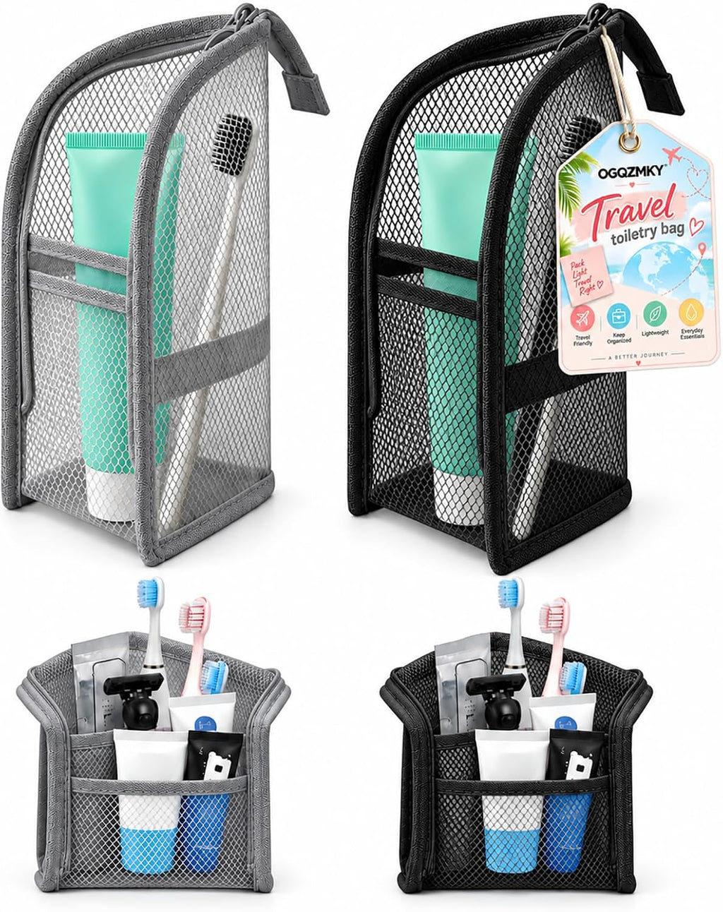 Travel Toiletry Bag Bathroom Organizer Mesh Zipper Standing Pouch Freestanding Waterproof Storage for Women Clear Makeup Small Hanging Toiletries Stand Shower Caddy Away Dust Proof Upright