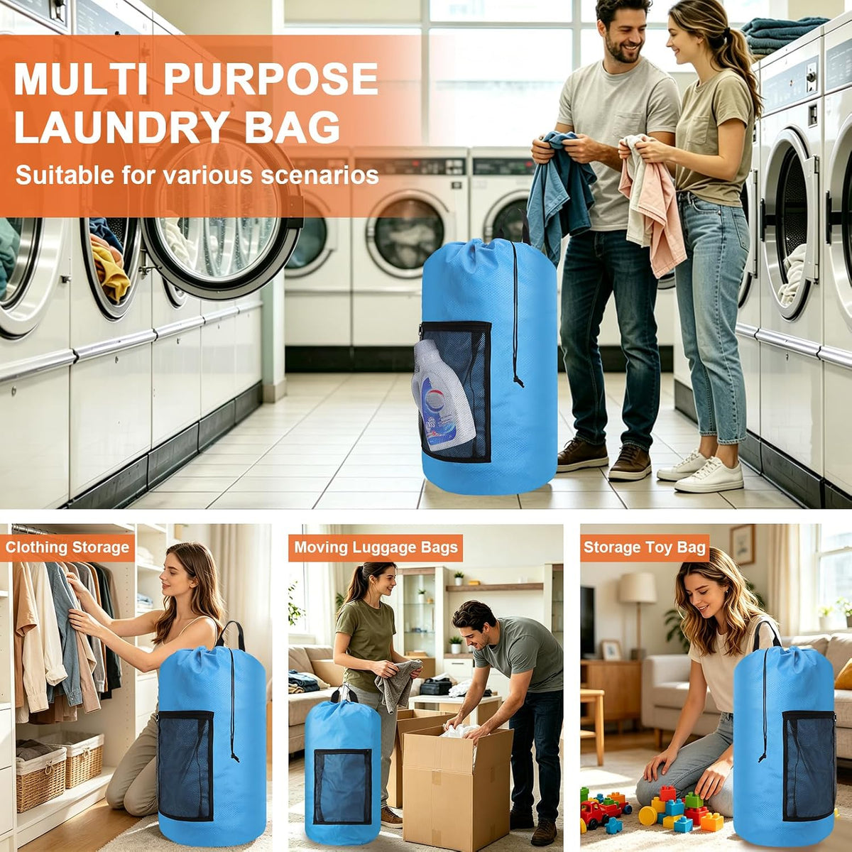 Laundry Backpack Portable Travel Laundry Bags with Straps and Mesh Pocket