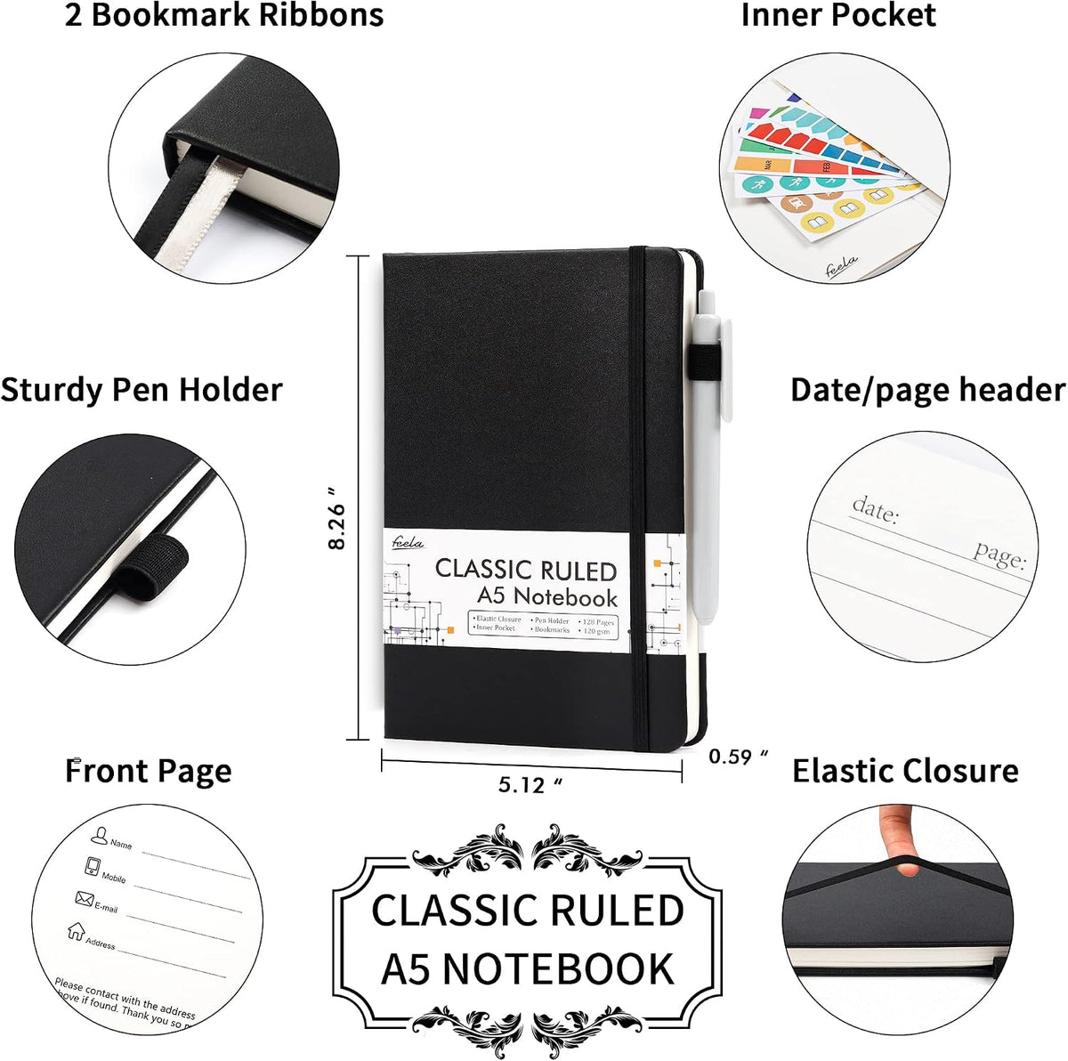 12 Pack Notebooks Journals Bulk with 12 Black Pens, Feela A5 Hardcover Notebook Classic Ruled Journal Set with Pen Holder for School Business Work Travel Writing, 120 GSM, 5.1”x8.3”, Black