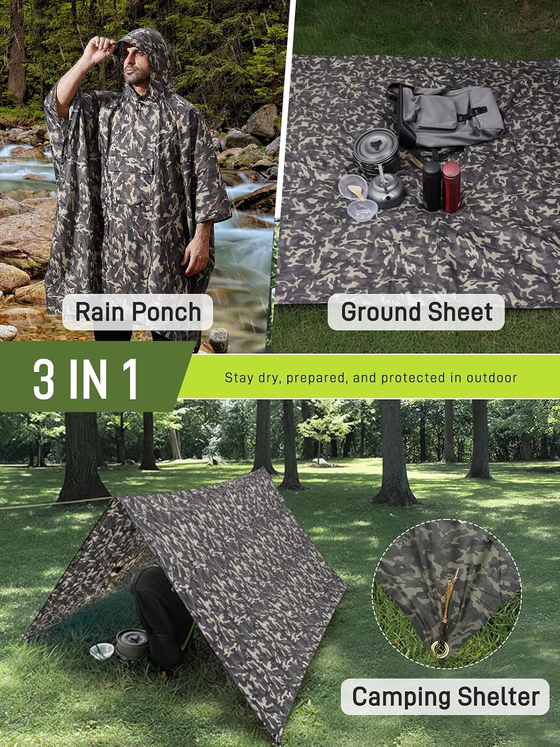 SaphiRose Double Layer Rain Poncho, Waterproof Thick Hooded Raincoat 3-in-1