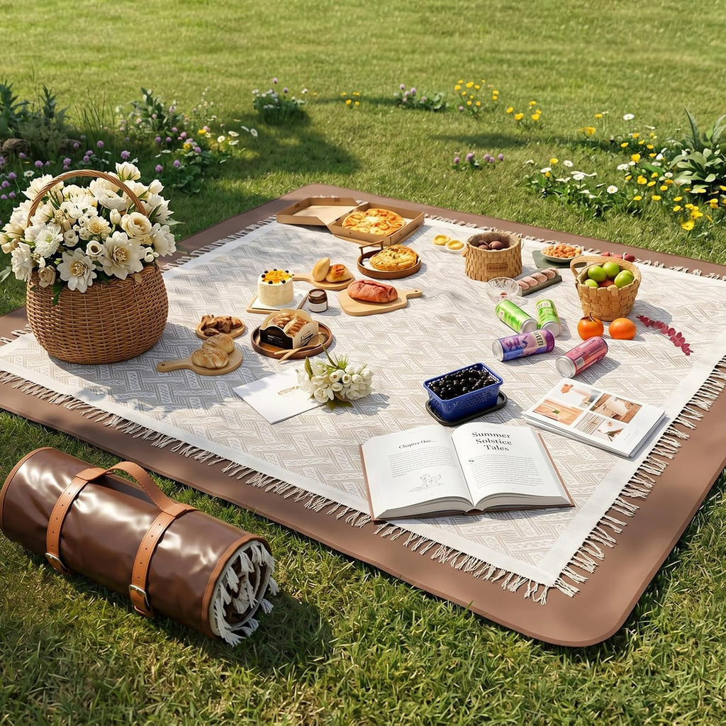 2-in-1 Boho Picnic Blanket, Beige Brown 71×71 Outdoor Waterproof Beach Mat