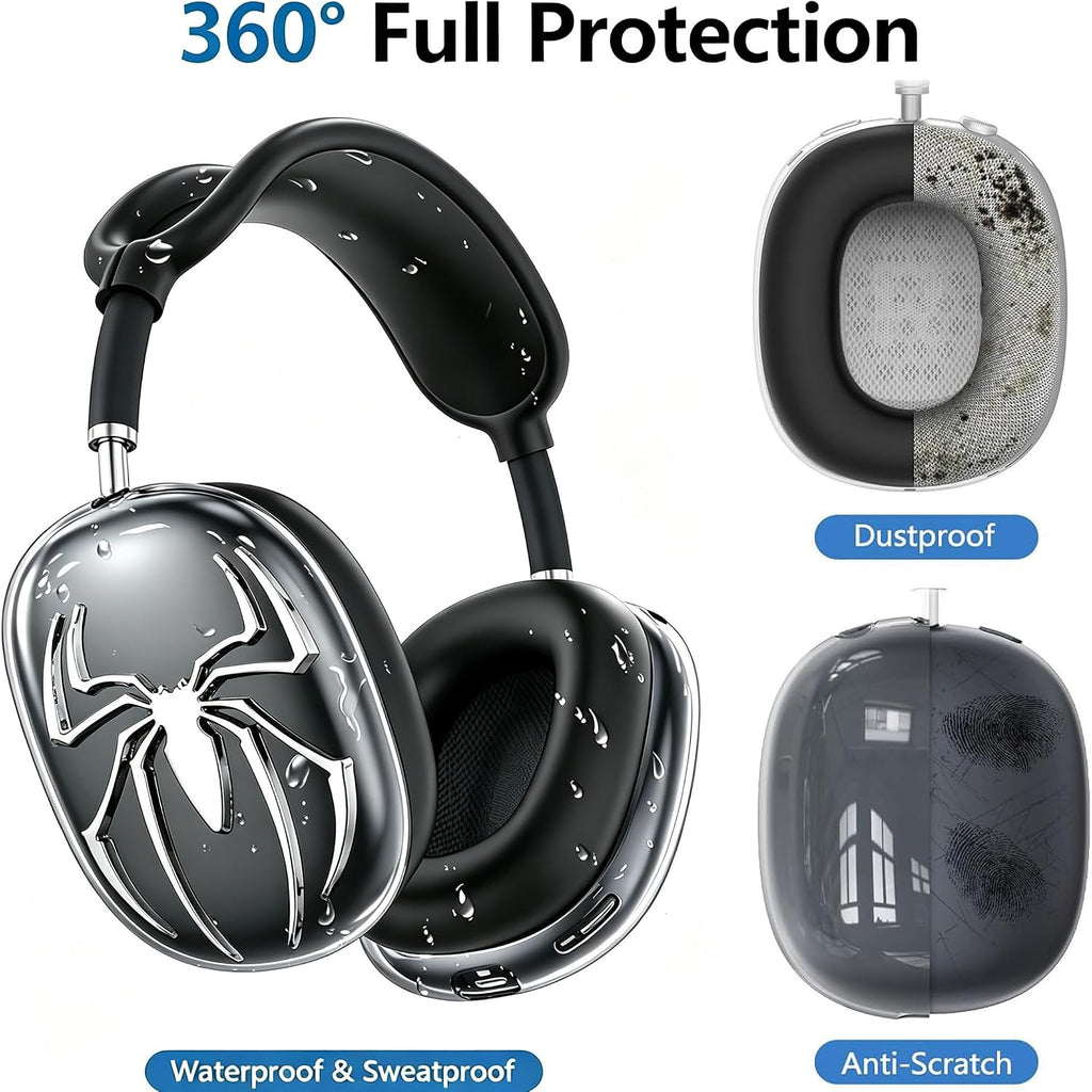 [4 in 1] Case Cover for AirPods Max 2/1 (2026/2024/2020) Ear Pad Case Cover/Headband Cover/Ear Cups with 3D Spider Chrome Emblems Badges for Apple AirPods Max Headphones (Black Case Sets)