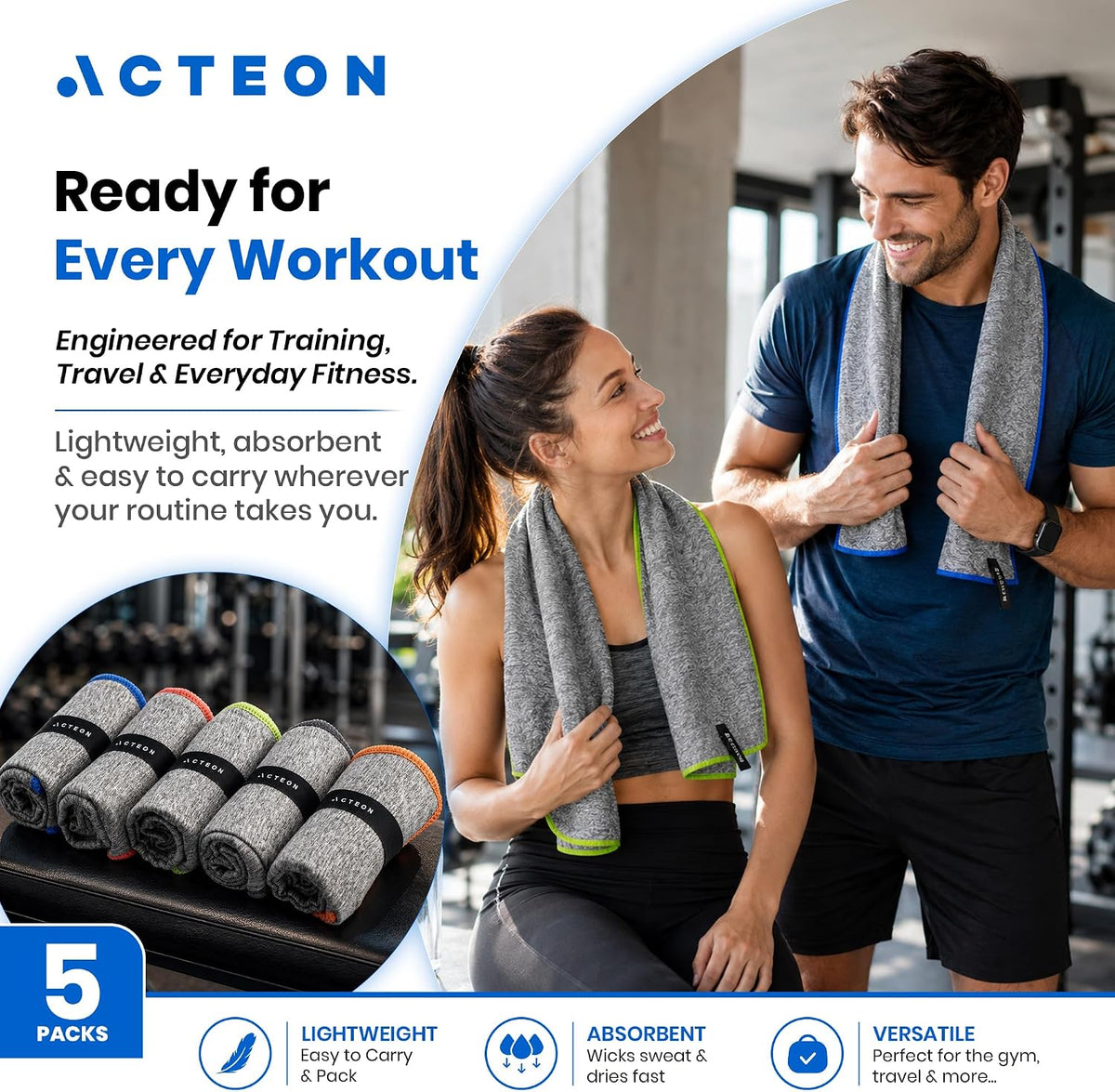Acteon Microfiber Gym Towels 15 Pack, Quick Dry Silver ION Odor-Free Sweat Towel, Super Absorbent Fast Drying for Men & Women, Workout, Yoga, Running, Hiking, Travel – 16x30.5 Inch