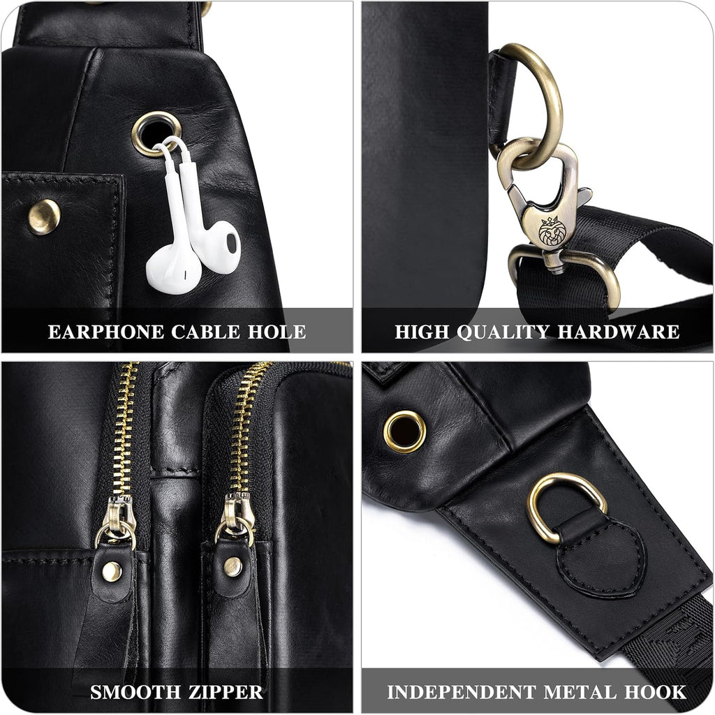 Mens Sling Bag Genuine Leather Crossbody Bags for Men Small Sling Chest Backpack Casual Man Bag Hiking Outdoor, Black