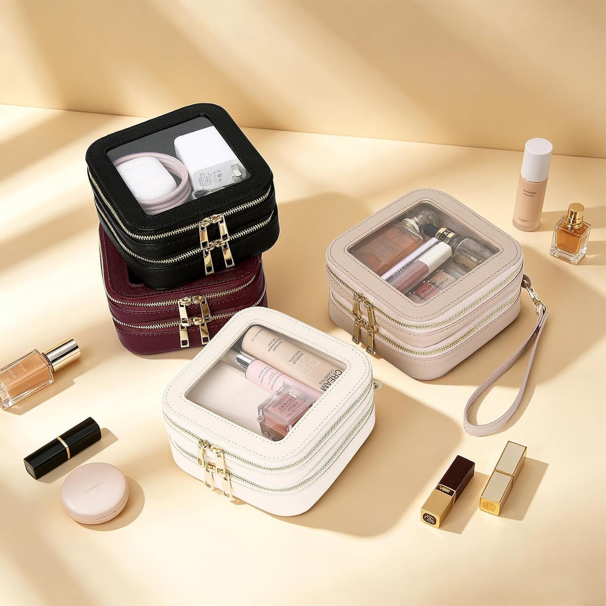 Pinkmik Double Layer Makeup Bag (Beige, 2-Layer MINI)