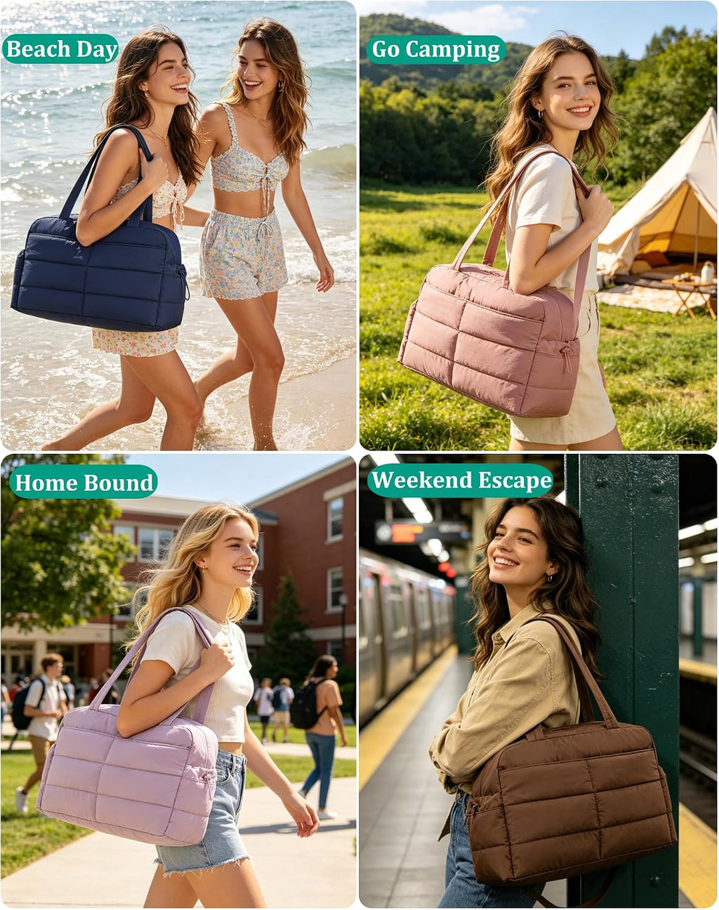 BAGSMART Gym Bag for Women, 2-PC Puffer Travel Duffle Bag Carry On Tote Bag