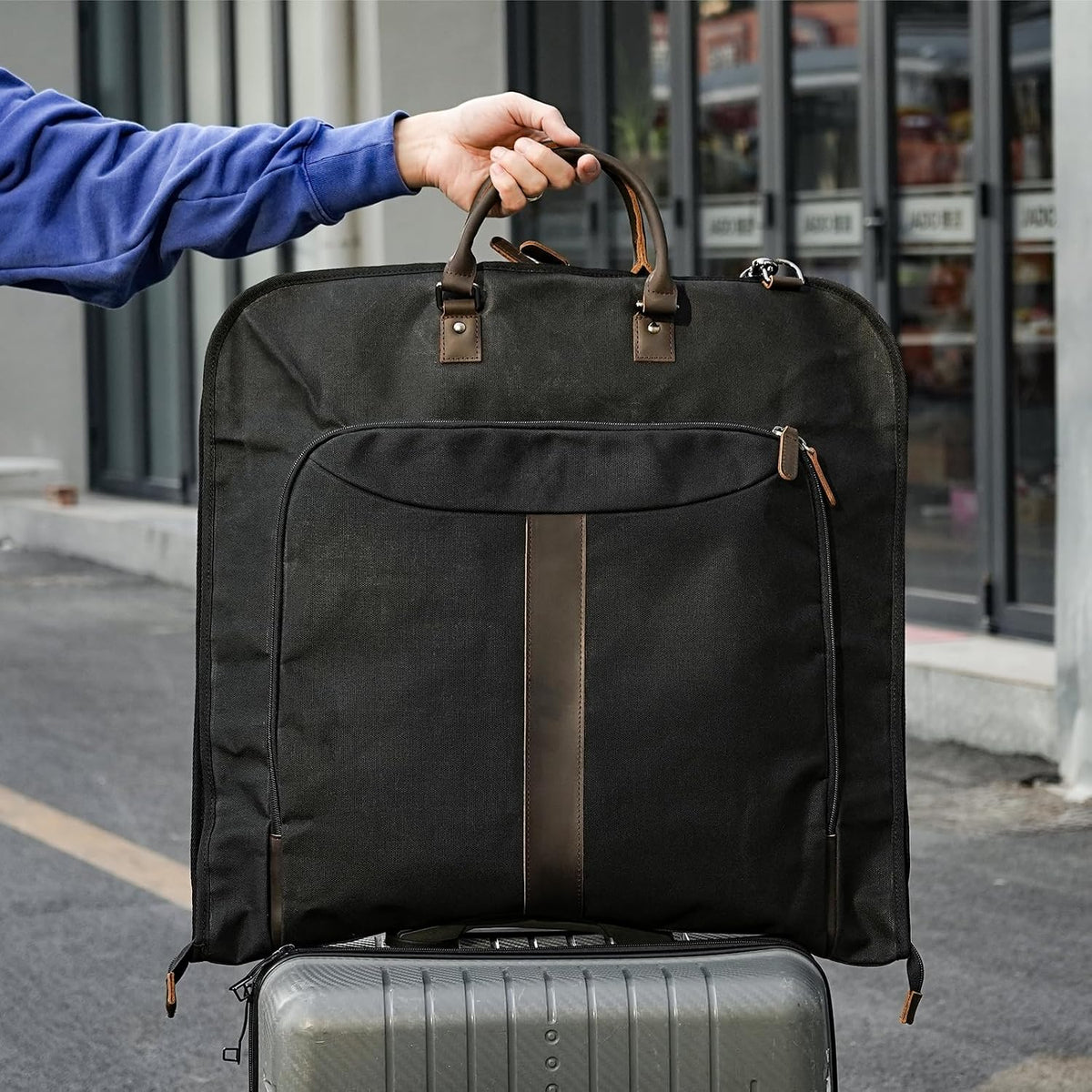 Polare Waxed Canvas Full Grain Leather Trim Garment Carry On Bag for Travel, Foldable Hanging Suitcase Weekender Dust-Proof Garment Waterproof Cover with YKK Zipper and Adjustable Strap (Black)