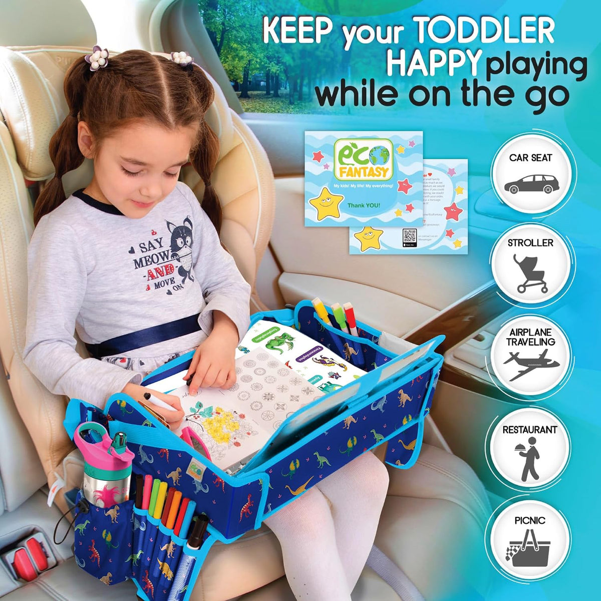 ECOFANTASY Kids Travel Tray - Waterproof Car Table with No-Drop Large Tablet Holder - Car Seat Tray - Road Trip Must Haves - Lap Desk Kids Organizer for Airplane - Toddler Travel Activities (Blue)