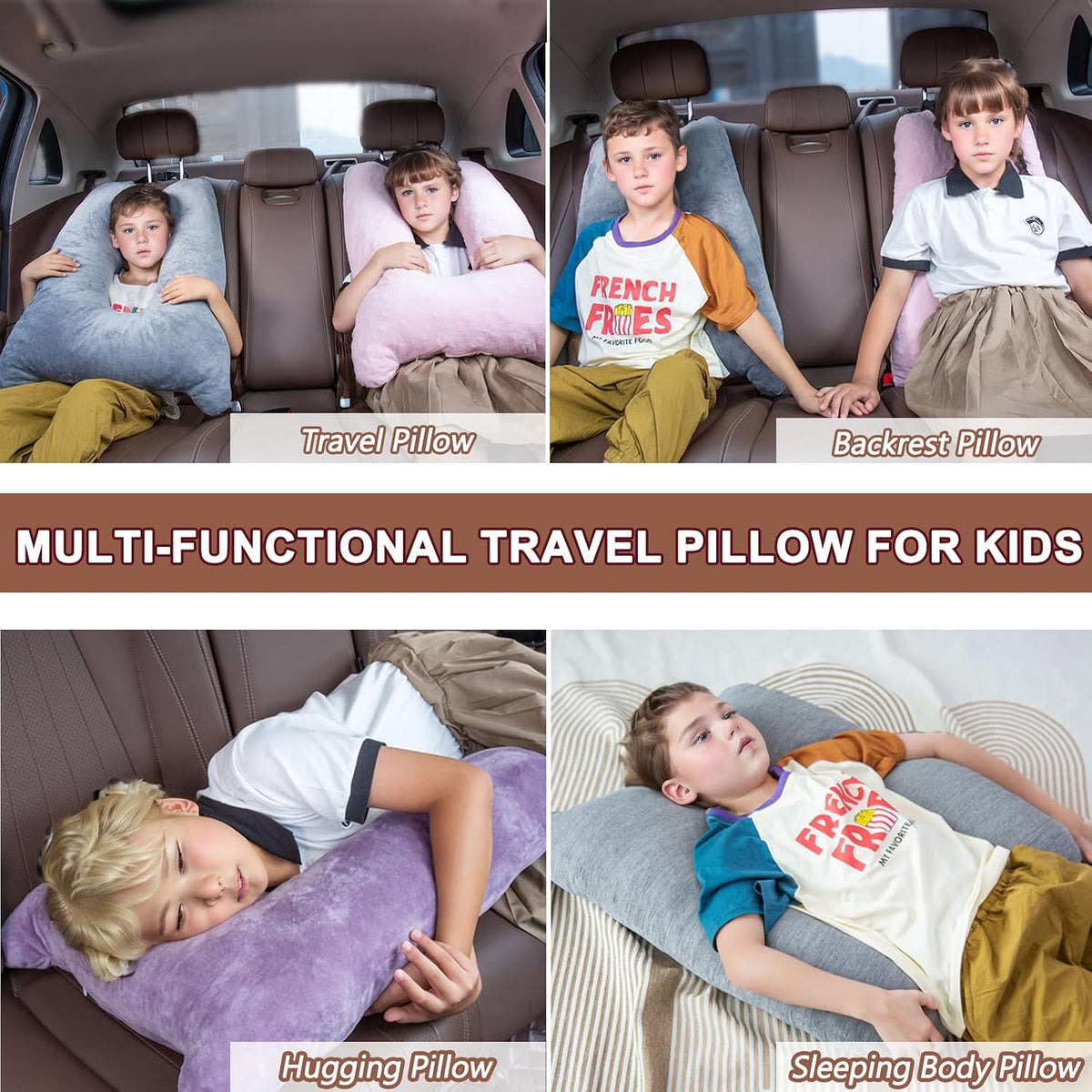 1 MIDDLE ONE Car Pillow for Kids, Memory Foam Travel Pillow for Car and Adults, Kid Travel Pillow for Sleeping on Road Trip, Small Body Pillow for Kids (Grey)