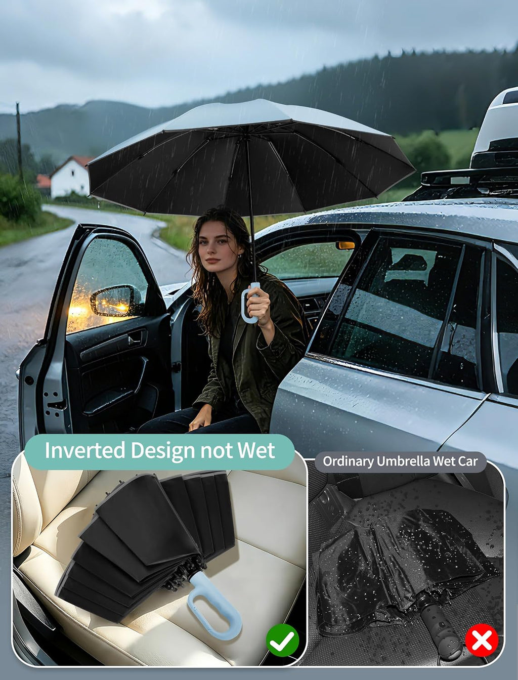 Jorilis Inverted Umbrella with Carabiner Handle, Windproof UV Sun & Rain
