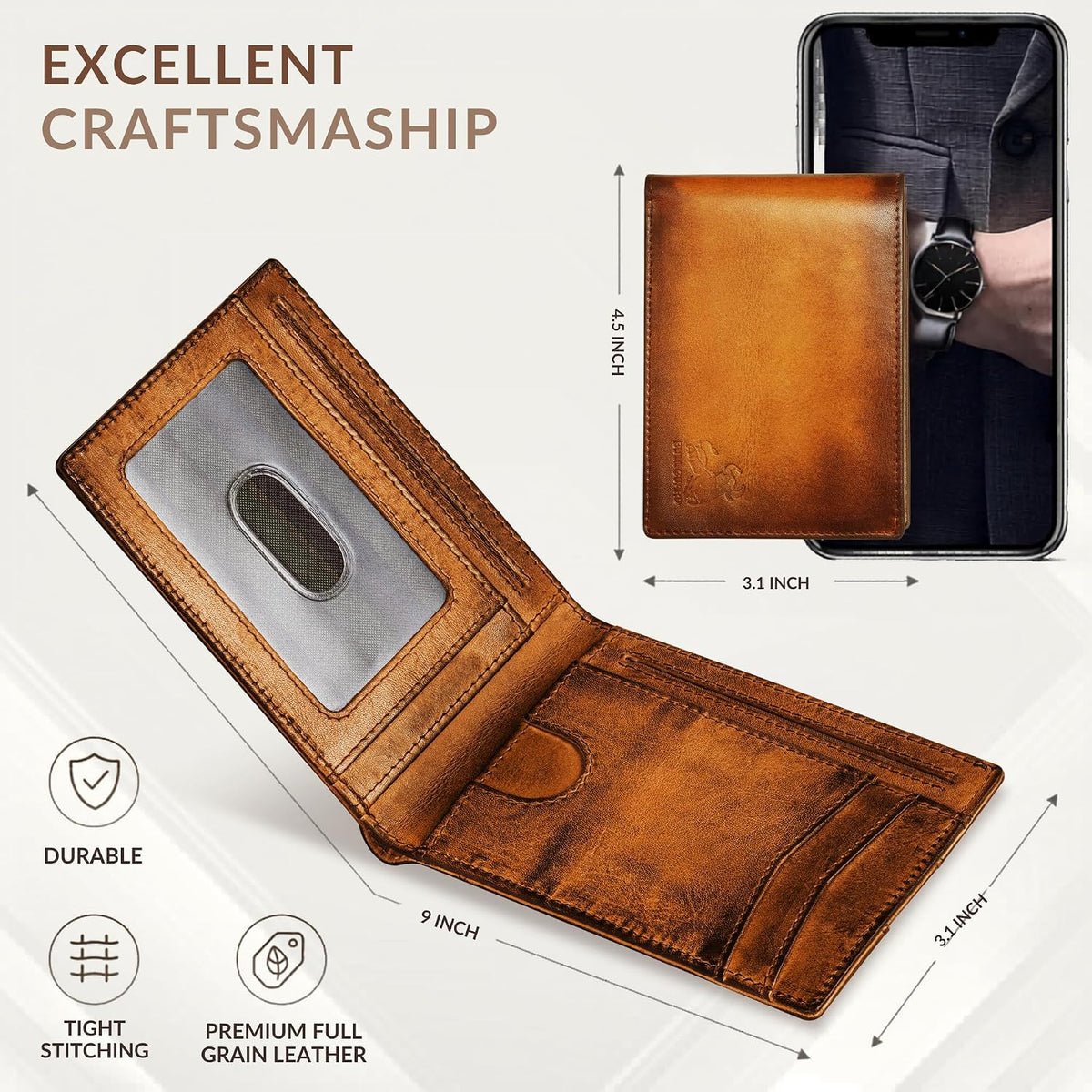 BULL GUARD Bifold Leather Wallet Slim Men's RFID Blocking Technology Premium Durable Leather & Tight Stitching, Quick Access Design with Security and Style Ideal for Work, Travel or Adventure