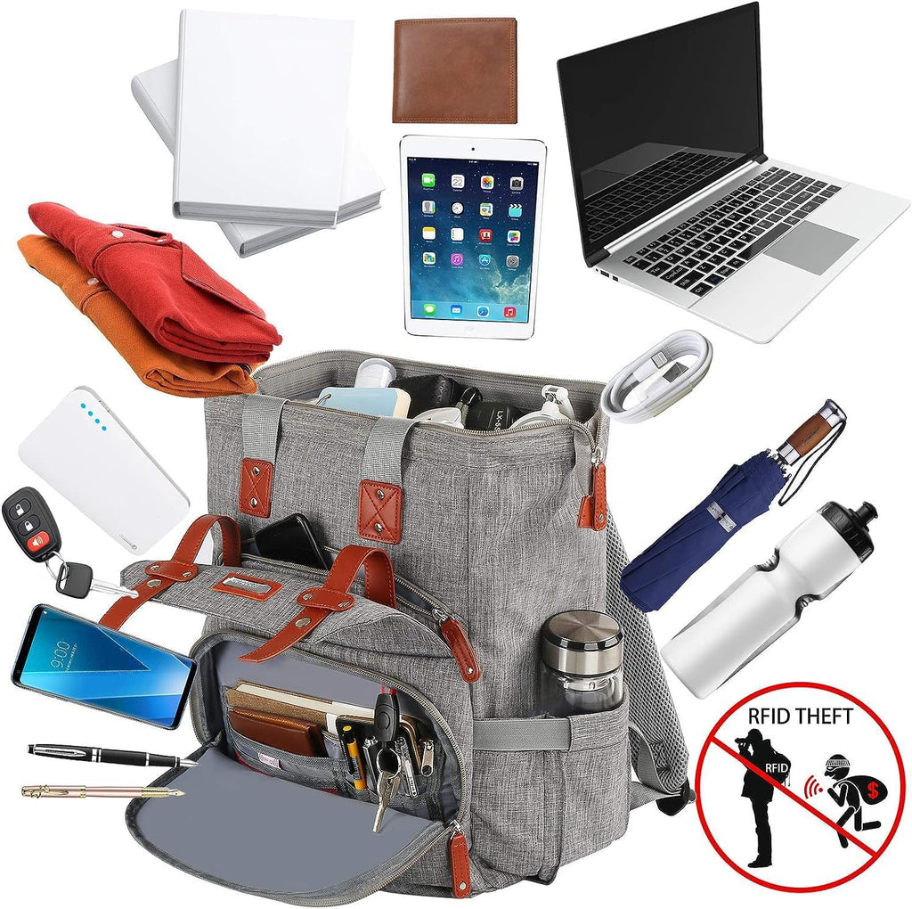 FALANKO Laptop Backpack for Women, Work Doctor Teacher Nurse Wide Open College School Student 17.3 Inch Laptops Bookbag Purse Travel RFID Computer Bag for Men Women Girls Grey