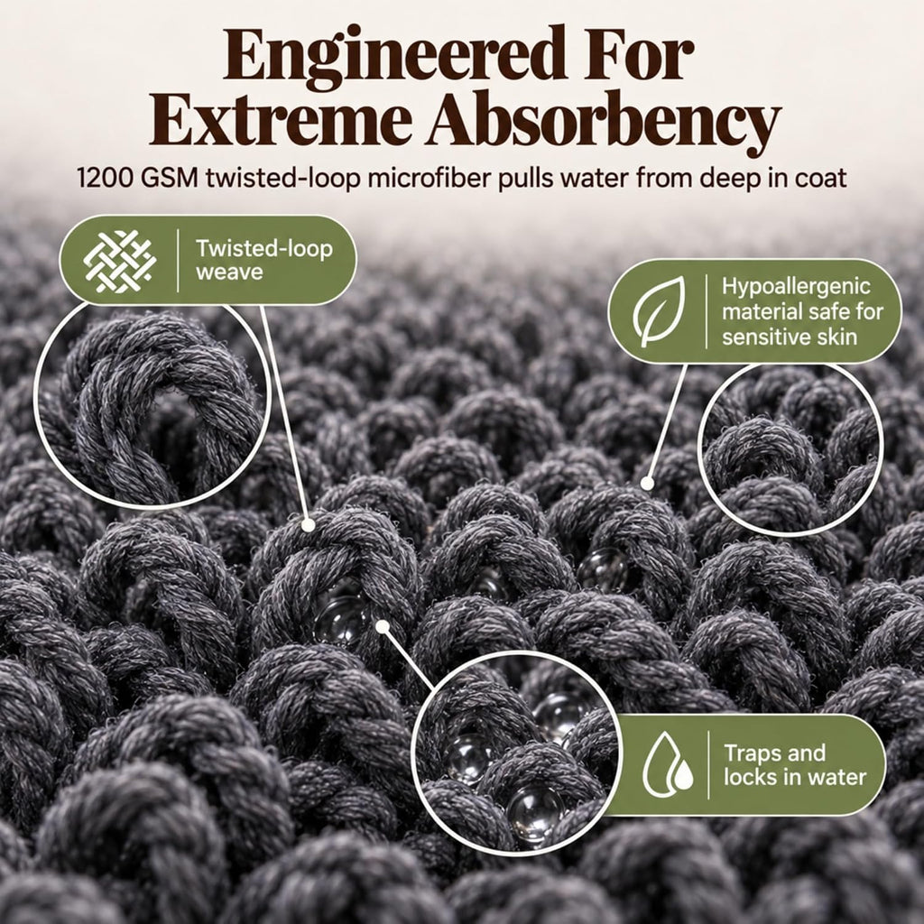 Premium Twisted Loop Drying Towels for Drying Dogs Small 16" x 24" Super Absorbent Microfiber Dog Bath Towel – Quick Dry, Soft – 1200 GSM Gray for Pets, Beach, Camping & Travel (Pack of 2)
