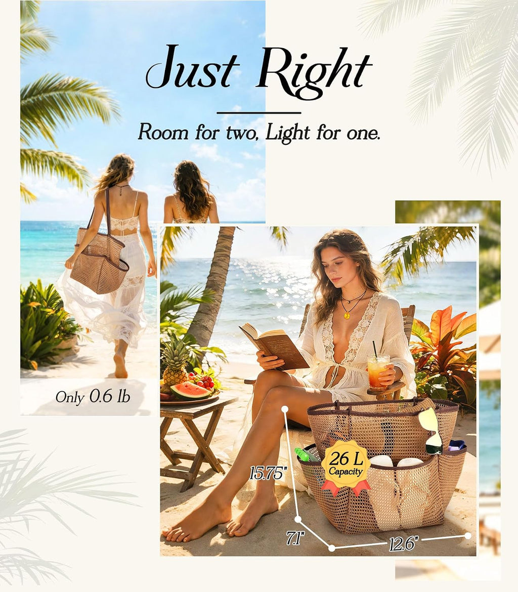 Cruise Essentials Beach Bag for Women, Mesh Tote with Detachable Pouch