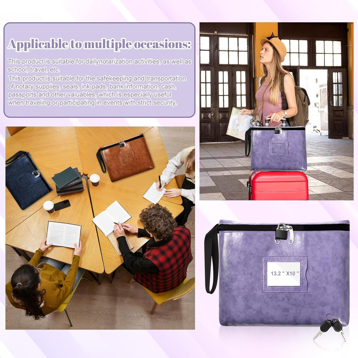Notary Bag with Lock 13.2 * 10 Inches Purple Leather Notary Supply Bags with handle Cash Bag Locking Document Bags with 2 keys Money Bank Deposit with Zipper for Record Book Stamp Passport
