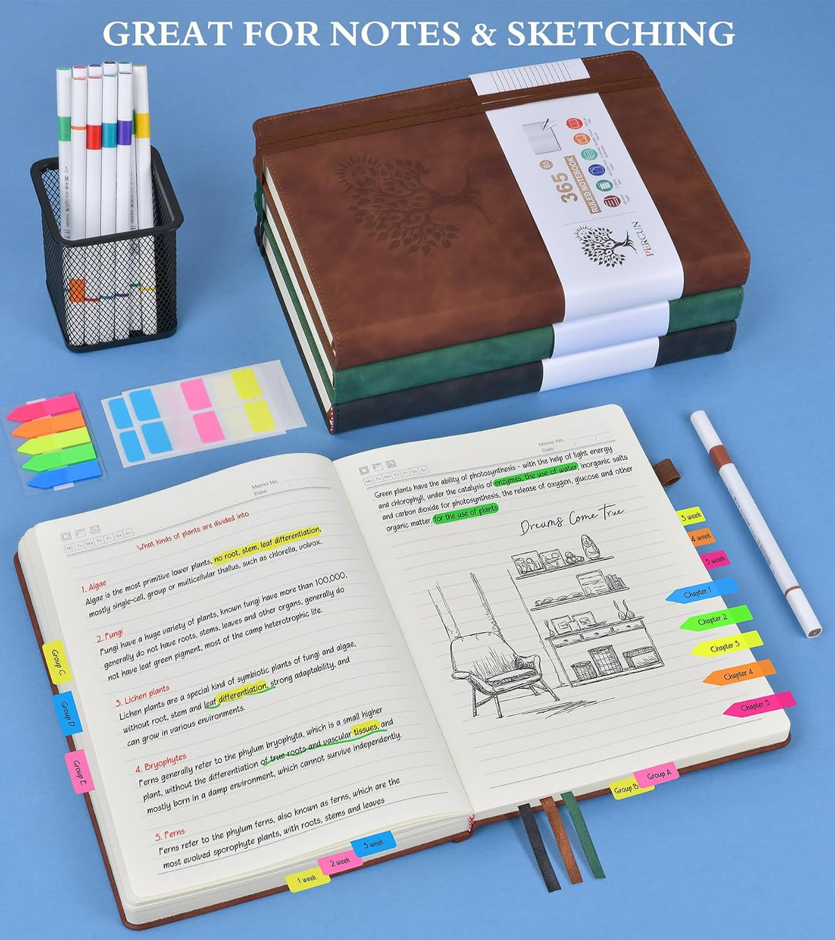 A5 Lined Journal Notebook - 365 Page Leather Journals for Writing Women & Men，Hardcover Notebook with 100Gsm Thick Pages，Daily Diary for Travel, Work，School，Note Taking，College Ruled (5.9" x 8.5")