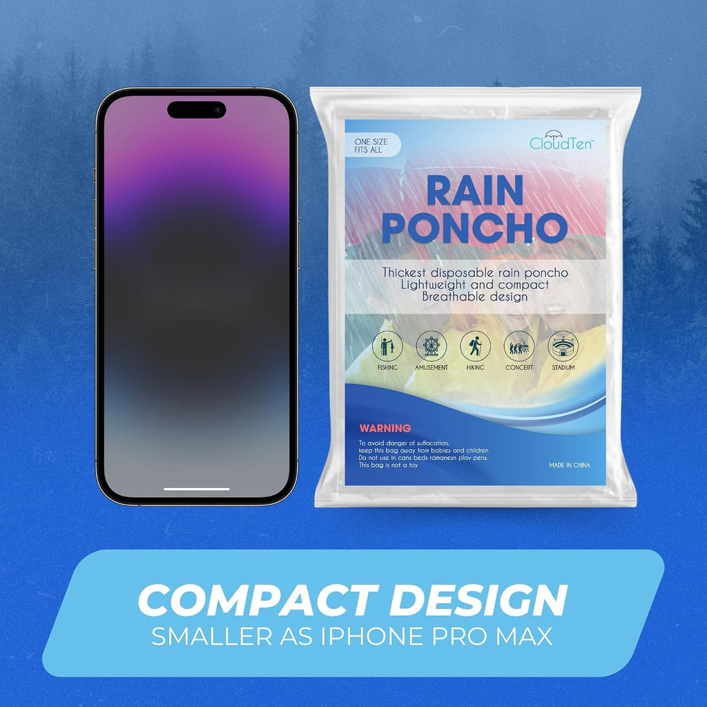 CloudTen Clear Rain Ponchos for Adults (4 Pack) | Thick and Compact Clear Disposable Rain Ponchos Family Pack - Camping Essentials and Good for Disney World Essentials