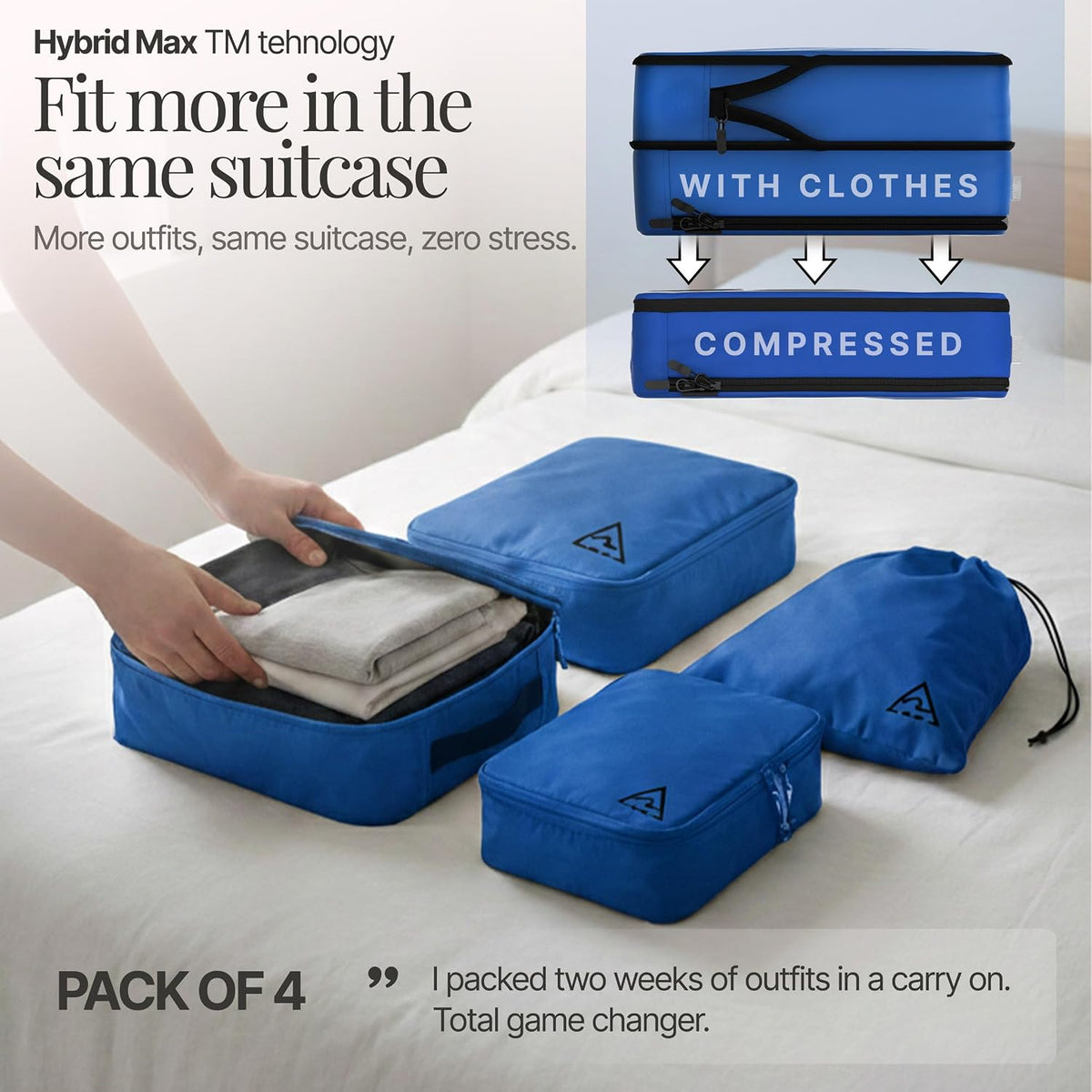 4-Piece Luxury Compression Packing Cubes & Bags for Travel – Maximize Space in Luggage with HybridMax Double-Capacity Design, 50 Luggage Tags, Patented Suitcase Organizer Bags, Lifetime Satisfaction
