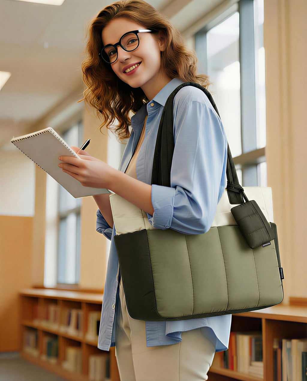 LOVEVOOK Puffer Tote Bag for Women Quilted Work Tote Handbags with Zipper 15.6 inch Teacher Nurse Bags for Office