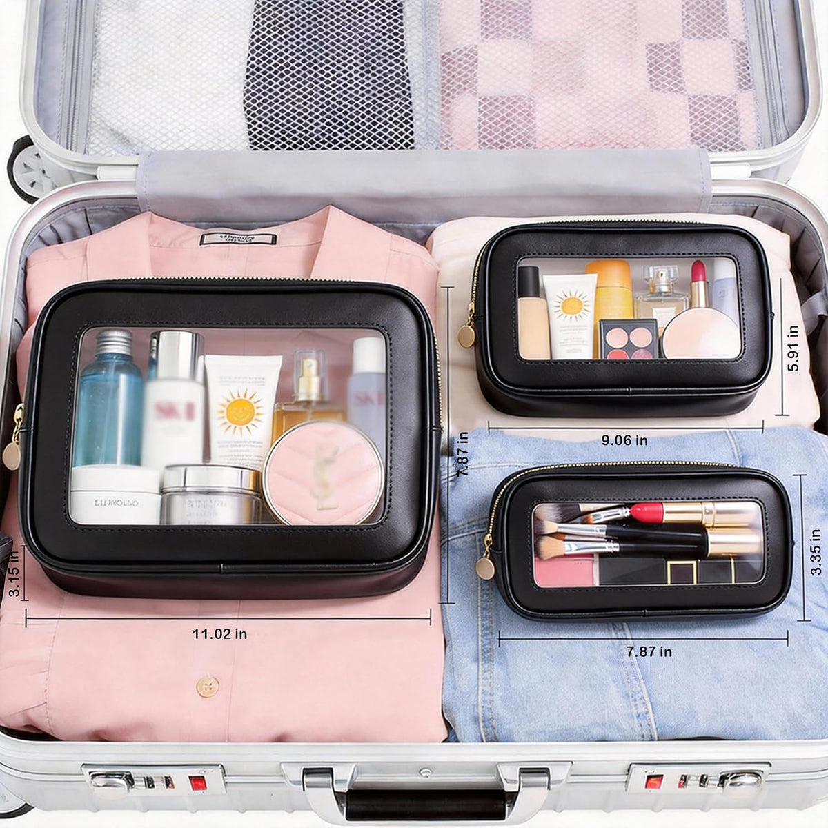 3-Piece Travel Clear Makeup Bag Set, Small Large Clear Cosemetic Bag with Makeup Brush Bag Waterproof Makeup Pouch with Zipper Toiletry Bags For Traveling Car Accessories for Women (Black Set)