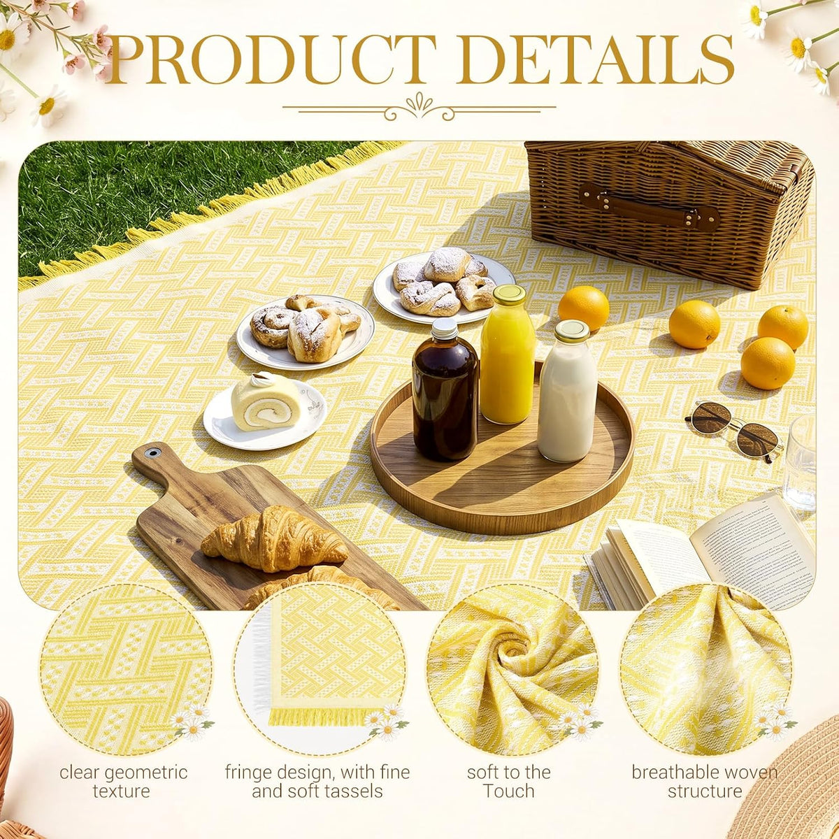 1 Pack White Yellow Extra Large Picnic Blanket, 71 x 91 Inches