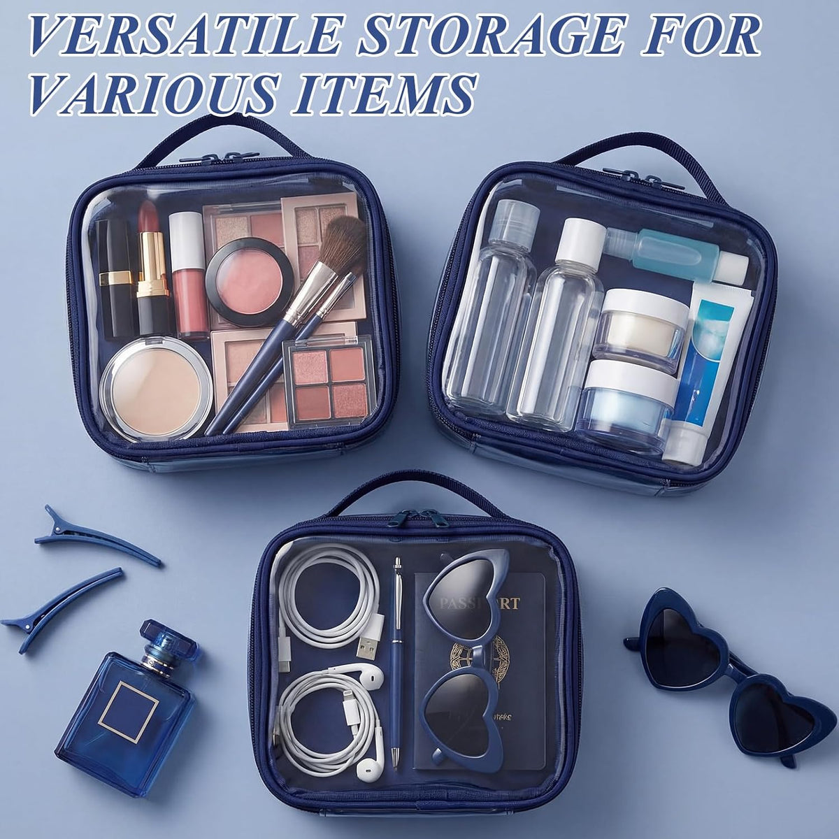 Abbylike 3 Pcs Small Toiletry Bags Reusable Quart Size Travel Liquid Pouch Single-sided Clear PVC Carry-on Organizer with Handle Cosmetic Bags for Airport Security Women Men(Navy Blue)