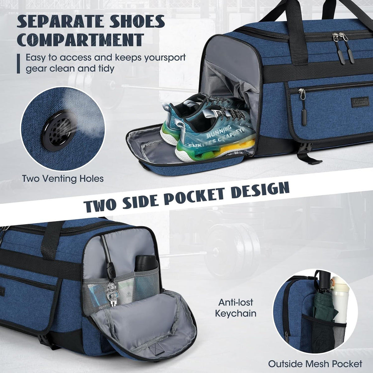 IGOLUMON Gym Bag for Men 55L Sports Duffel Bags Gym Duffle Bag Women with Shoe Compartment & Wet Pocket Water Resistant Travel Duffel Bag Lightweight Weekender Overnight Bag Blue