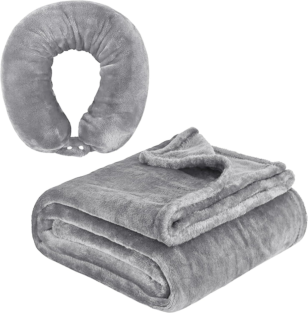 2 in 1 Neck Pillow with Blanket, Soft Flannel Multi-Functional Travel Combo, Portable Warm Neck Pillow Set for Airplane, Car and Camping Travel,Grey