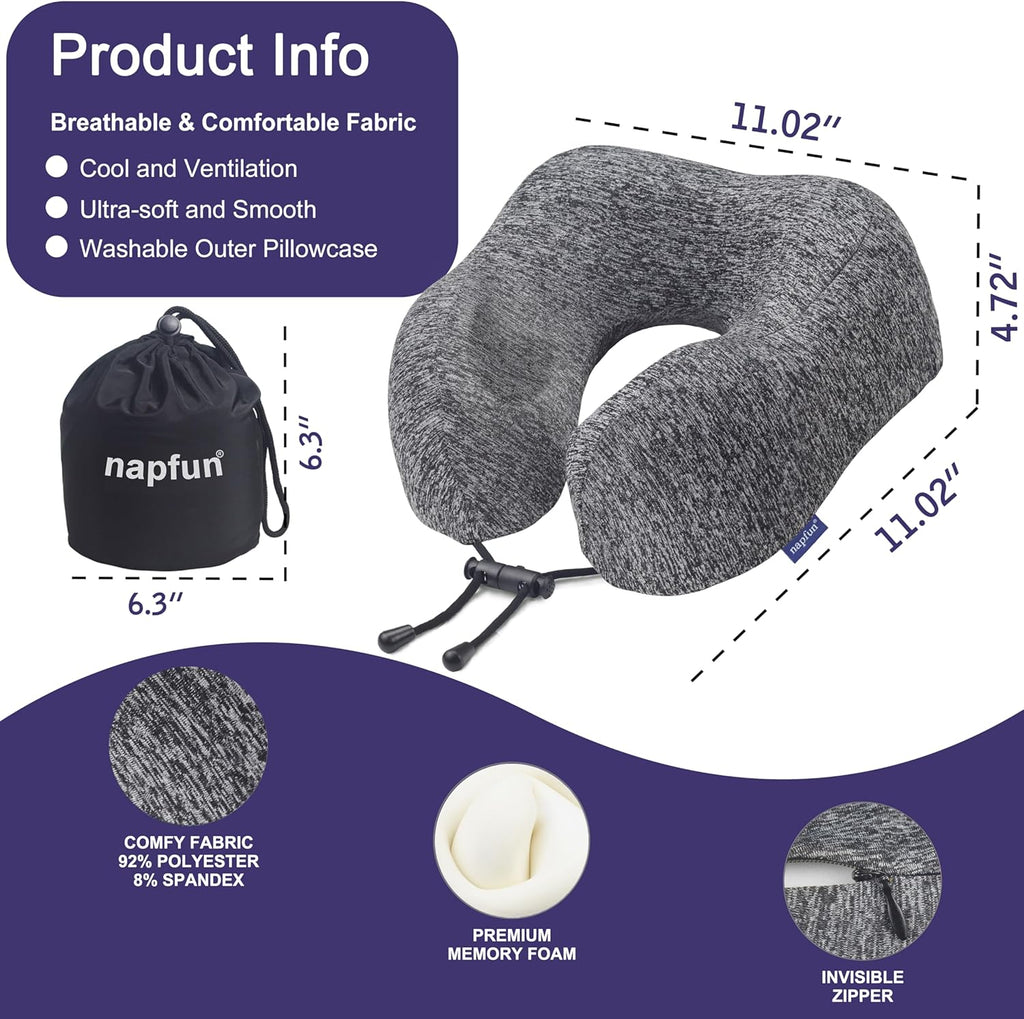 napfun Neck Pillow for Travel, Memory Foam Airplane Pillow, Full Grey