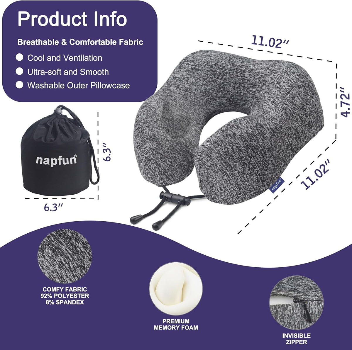 napfun Neck Pillow for Travel, Memory Foam Airplane Pillow, Full Grey
