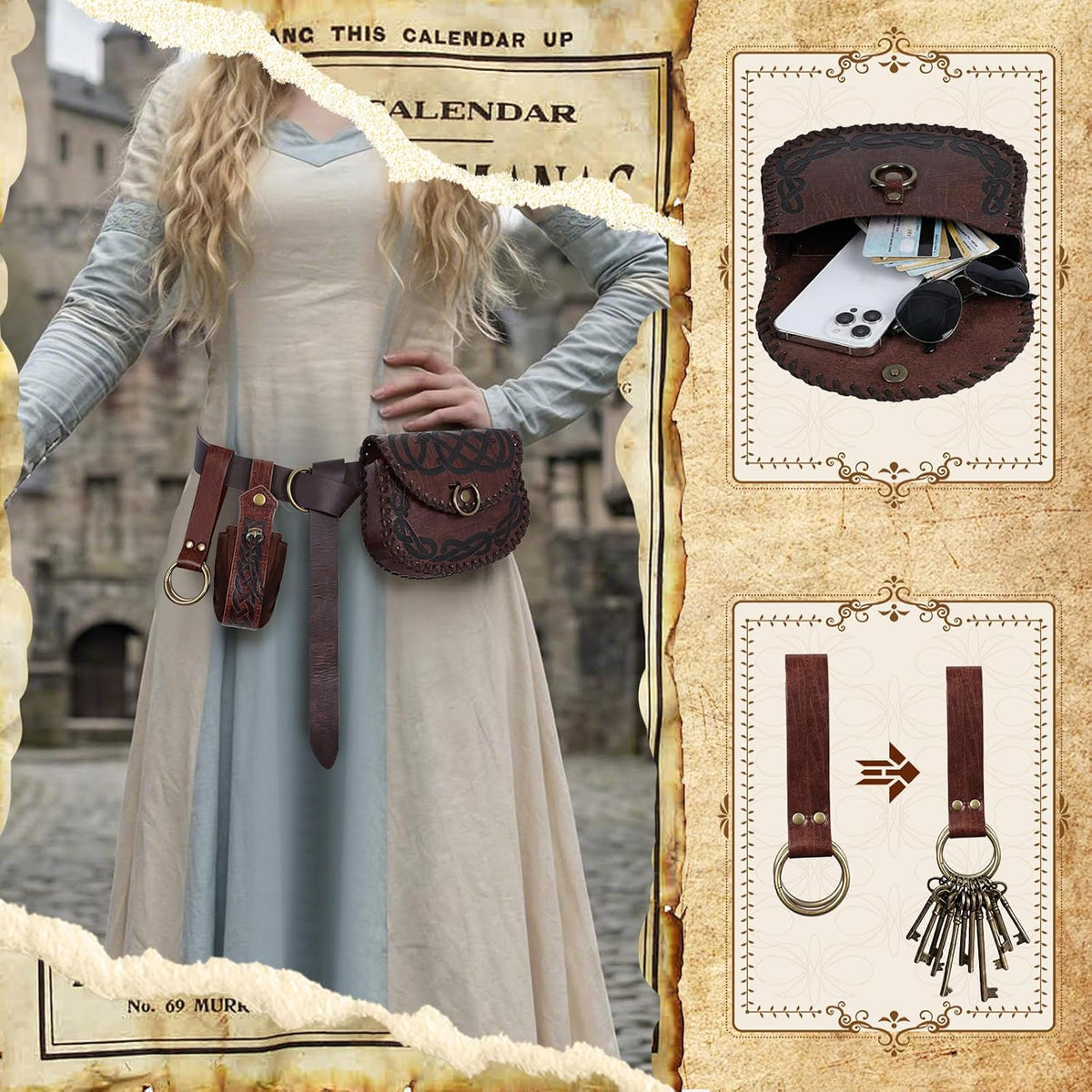 Renaissance Viking Pirate Belt Pouch 4pcs Brown